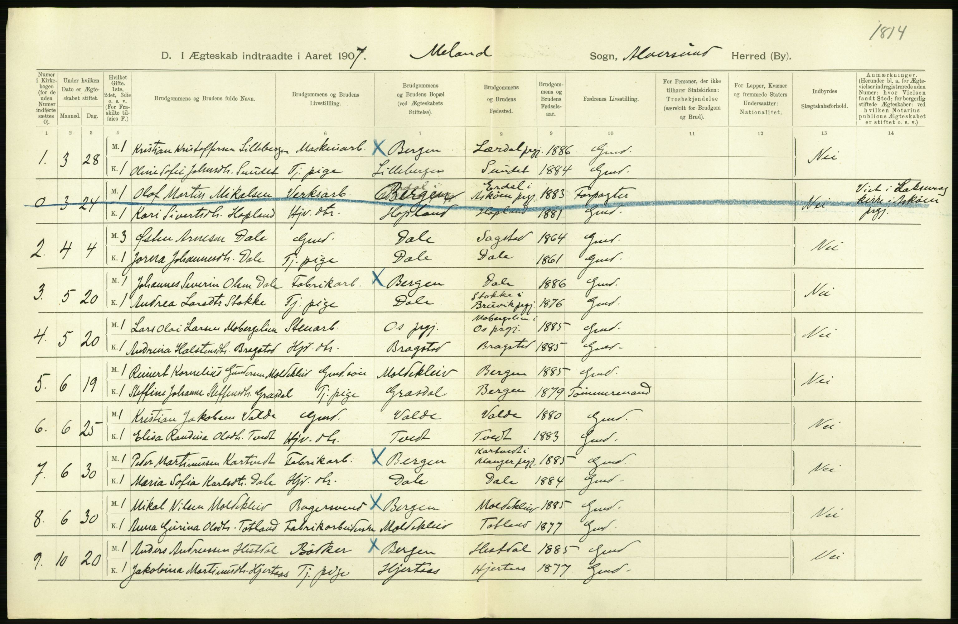 Statistisk sentralbyrå, Sosiodemografiske emner, Befolkning, RA/S-2228/D/Df/Dfa/Dfae/L0029: S. Bergenhus amt: Gifte, dødfødte. Bygder., 1907, s. 12