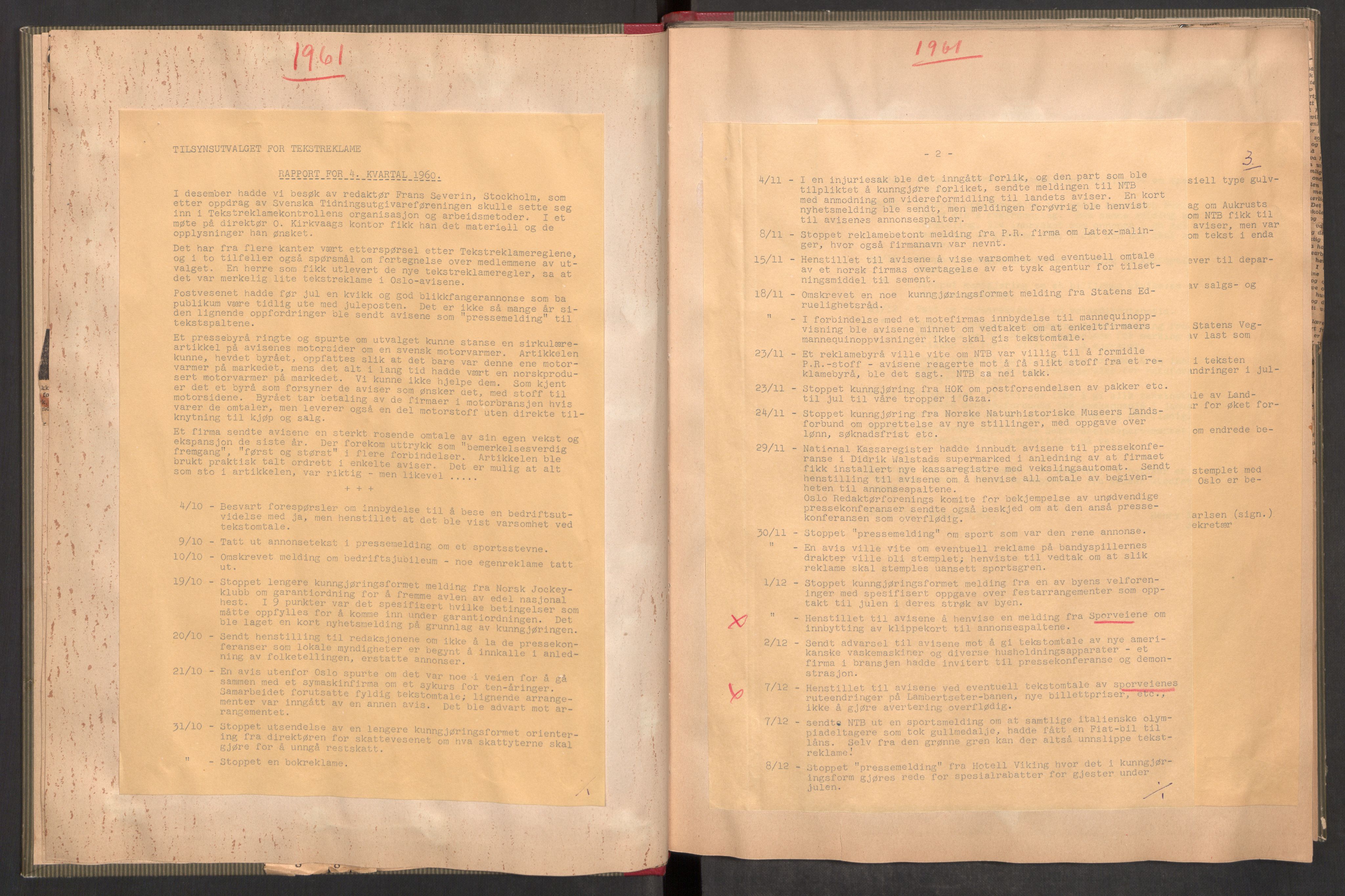 Tekstreklameutvalget, RA/PA-0854/A/Aa/L0006: Kvartalsrapporter om virksomheten, 1960-1968