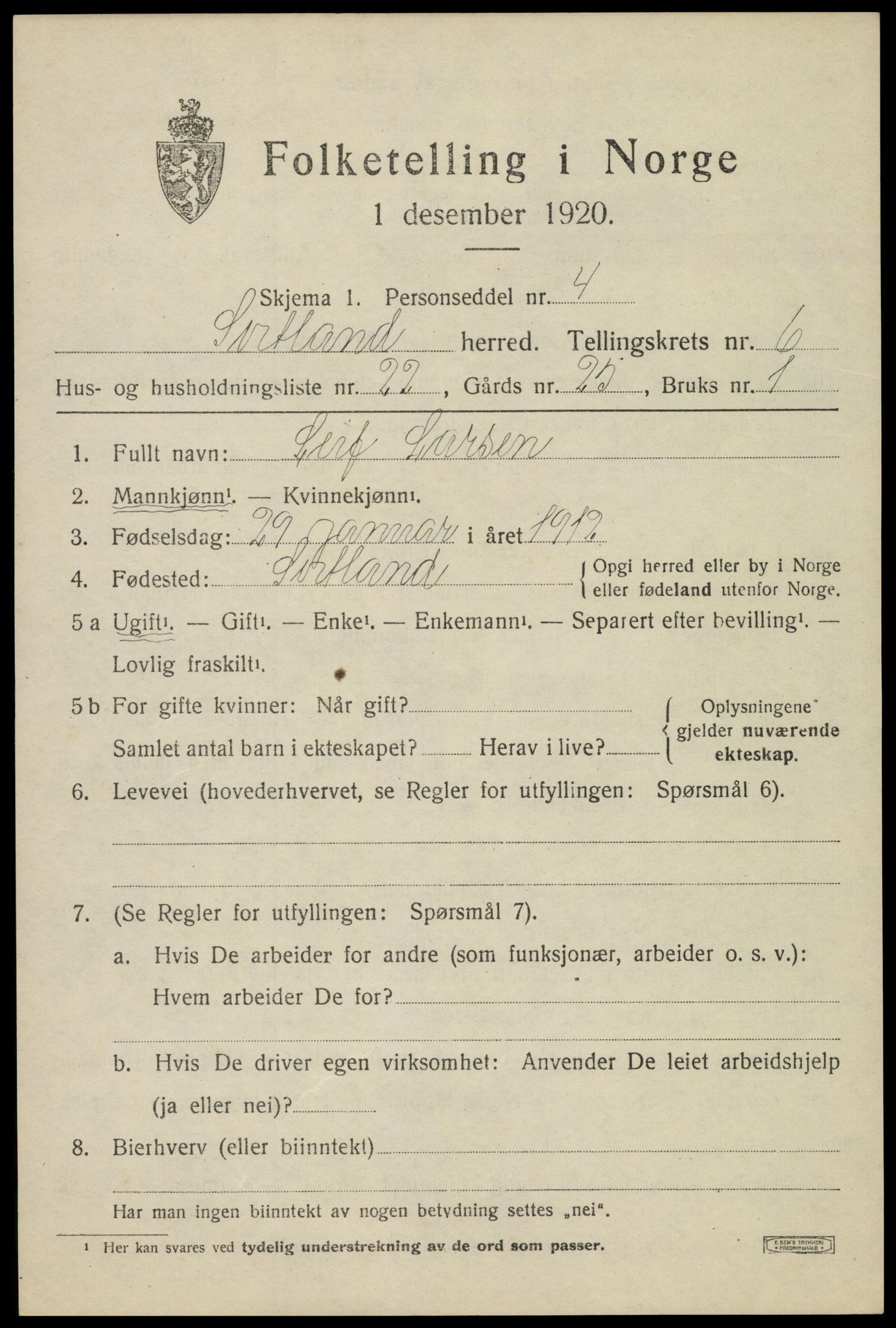 SAT, Folketelling 1920 for 1870 Sortland herred, 1920, s. 6522