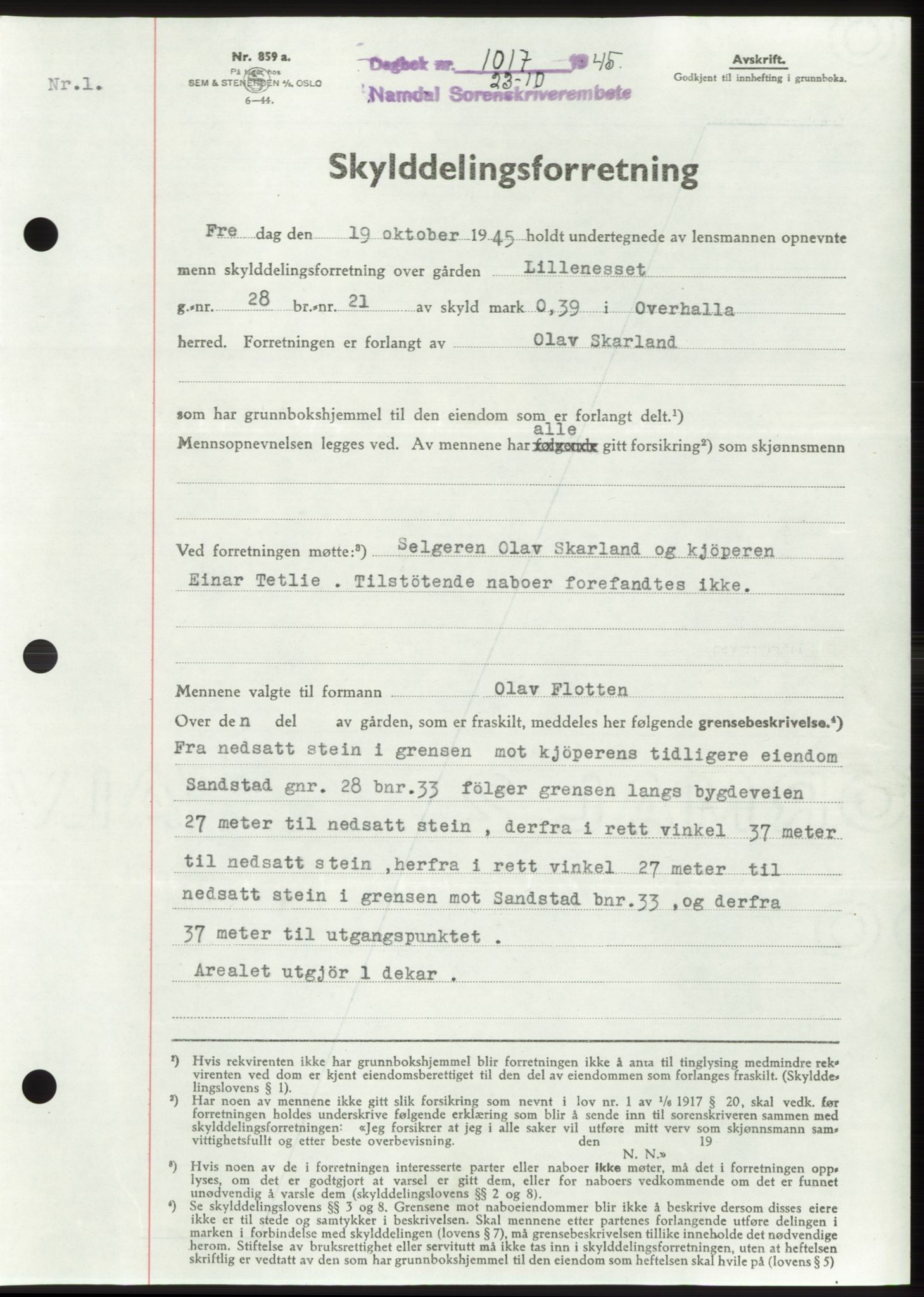 Namdal sorenskriveri, SAT/A-4133/1/2/2C: Pantebok nr. -, 1944-1945, Dagboknr: 1017/1945
