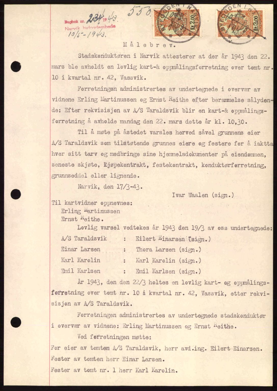 Narvik sorenskriveri, SAT/A-0002/1/2/2C/2Ca: Pantebok nr. A19, 1942-1943, Dagboknr: 234/1943