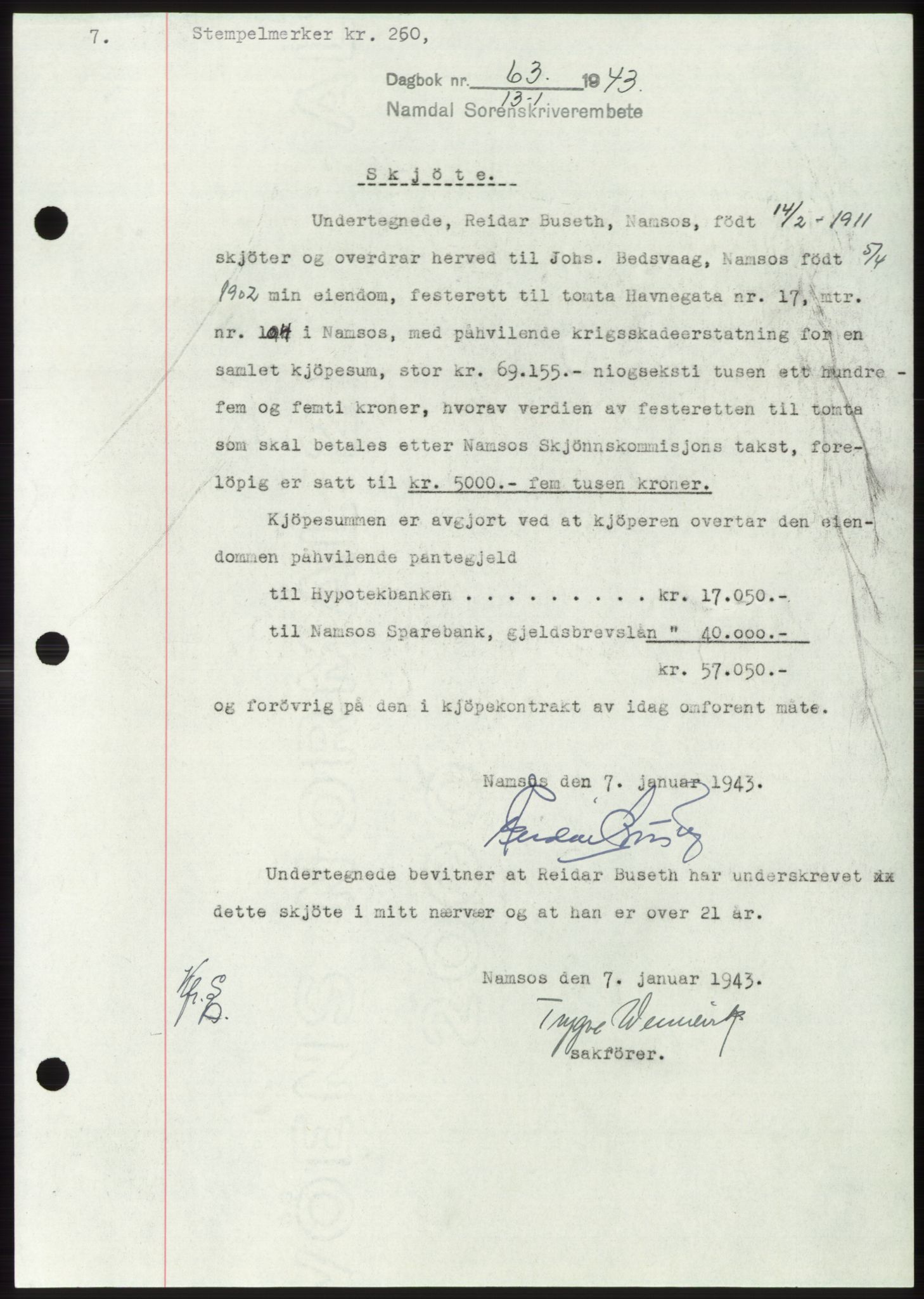 Namdal sorenskriveri, SAT/A-4133/1/2/2C: Pantebok nr. -, 1942-1943, Dagboknr: 63/1943