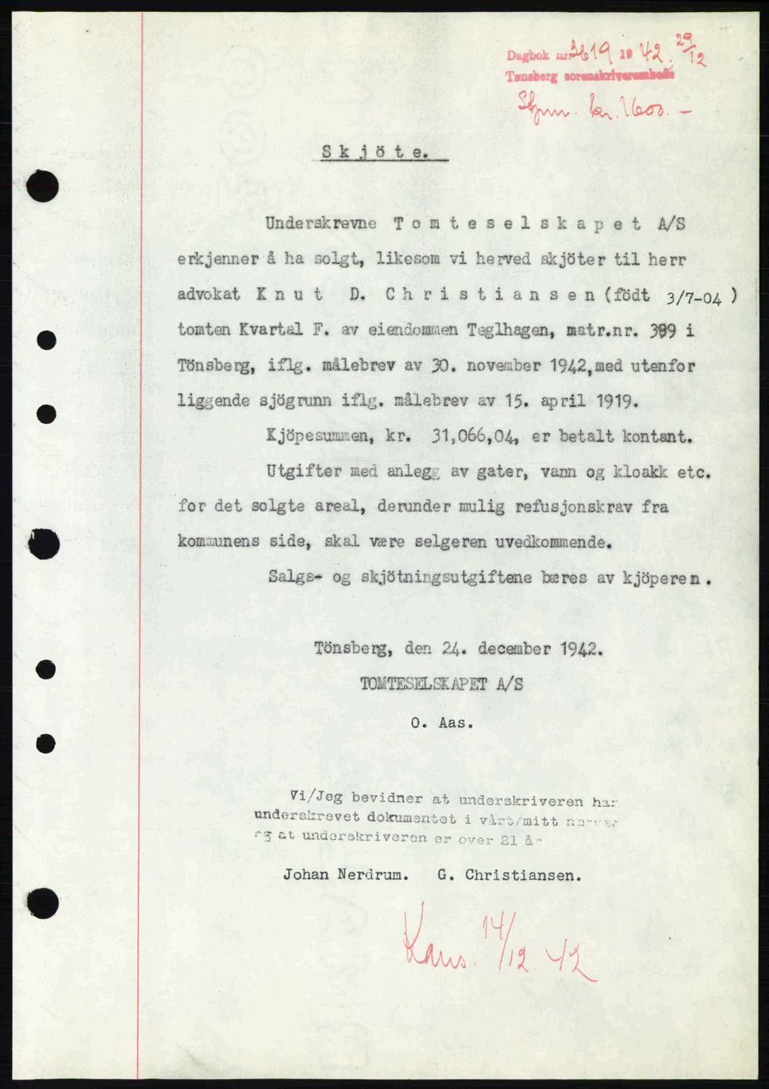 Tønsberg sorenskriveri, AV/SAKO-A-130/G/Ga/Gaa/L0012: Pantebok nr. A12, 1942-1943, Dagboknr: 3619/1942