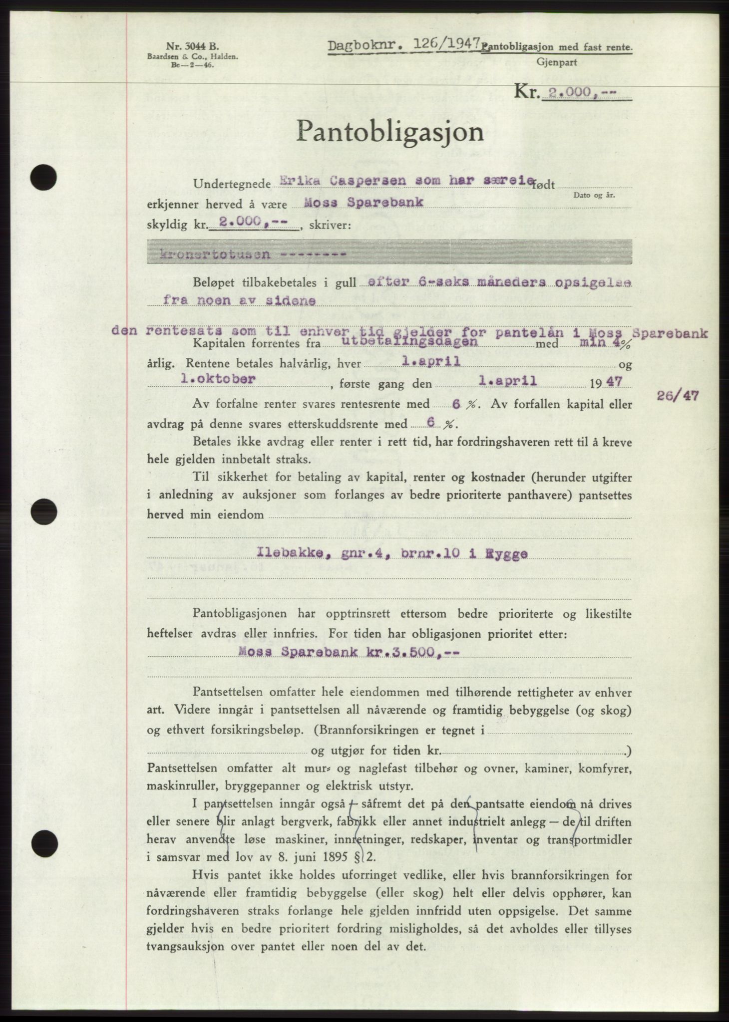 Moss sorenskriveri, SAO/A-10168: Pantebok nr. B16, 1946-1947, Dagboknr: 126/1947