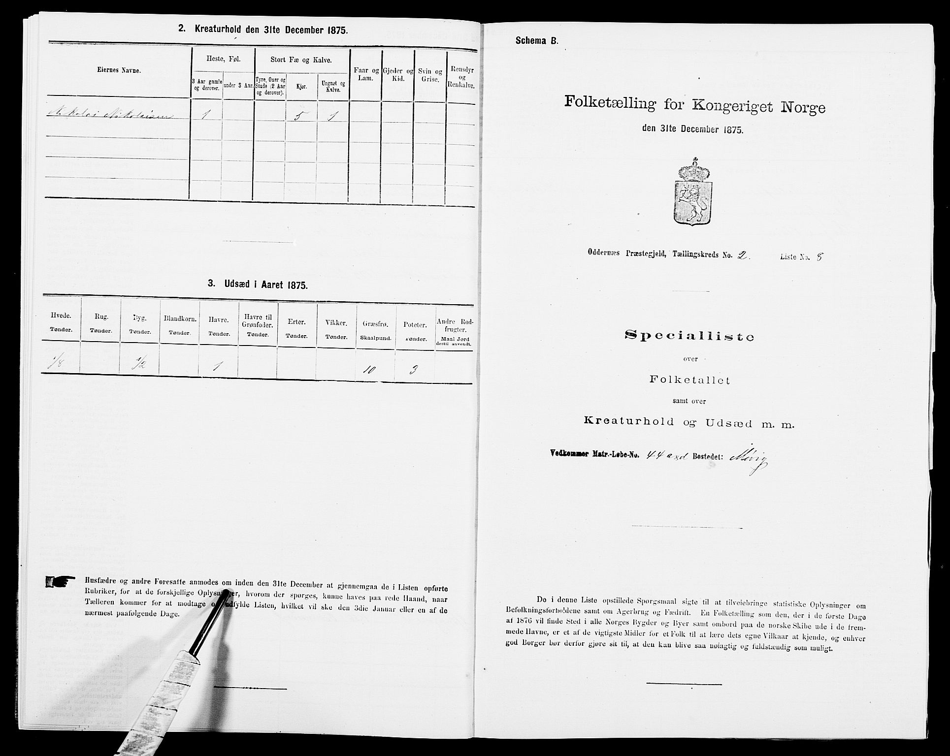SAK, Folketelling 1875 for 1012P Oddernes prestegjeld, 1875, s. 288