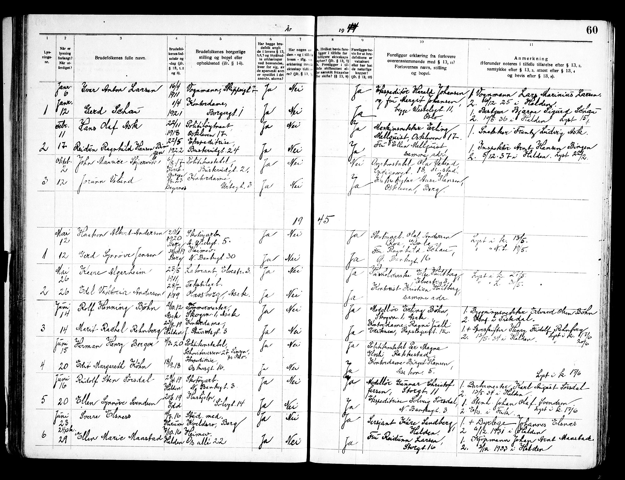 Halden prestekontor Kirkebøker, SAO/A-10909/H/Ha/L0002: Lysningsprotokoll nr. I 2, 1935-1949, s. 60