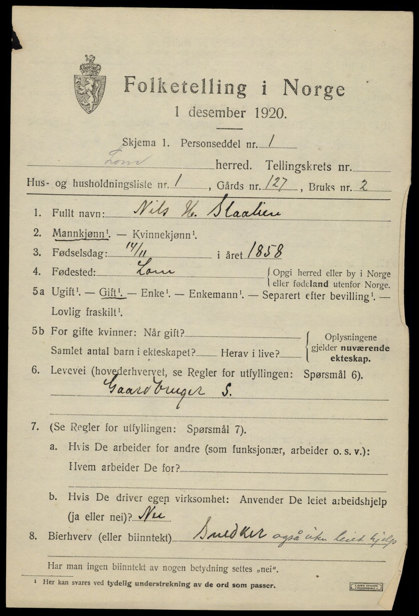 SAH, Folketelling 1920 for 0514 Lom herred, 1920, s. 5464