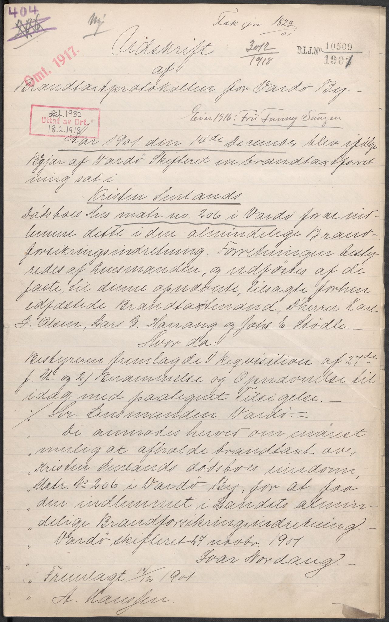 Norges Brannkasse, AV/RA-S-1549/E/Eu/L0019: Branntakster for Vardø by, 1889-1955, s. 35