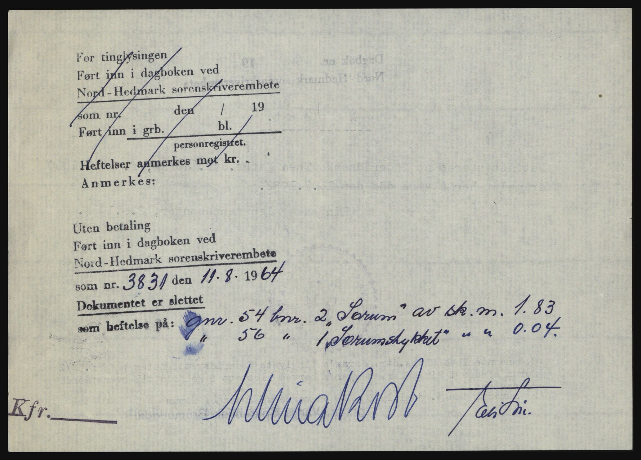 Nord-Hedmark sorenskriveri, SAH/TING-012/H/Hc/L0020: Pantebok nr. 20, 1964-1964, Dagboknr: 3831/1964