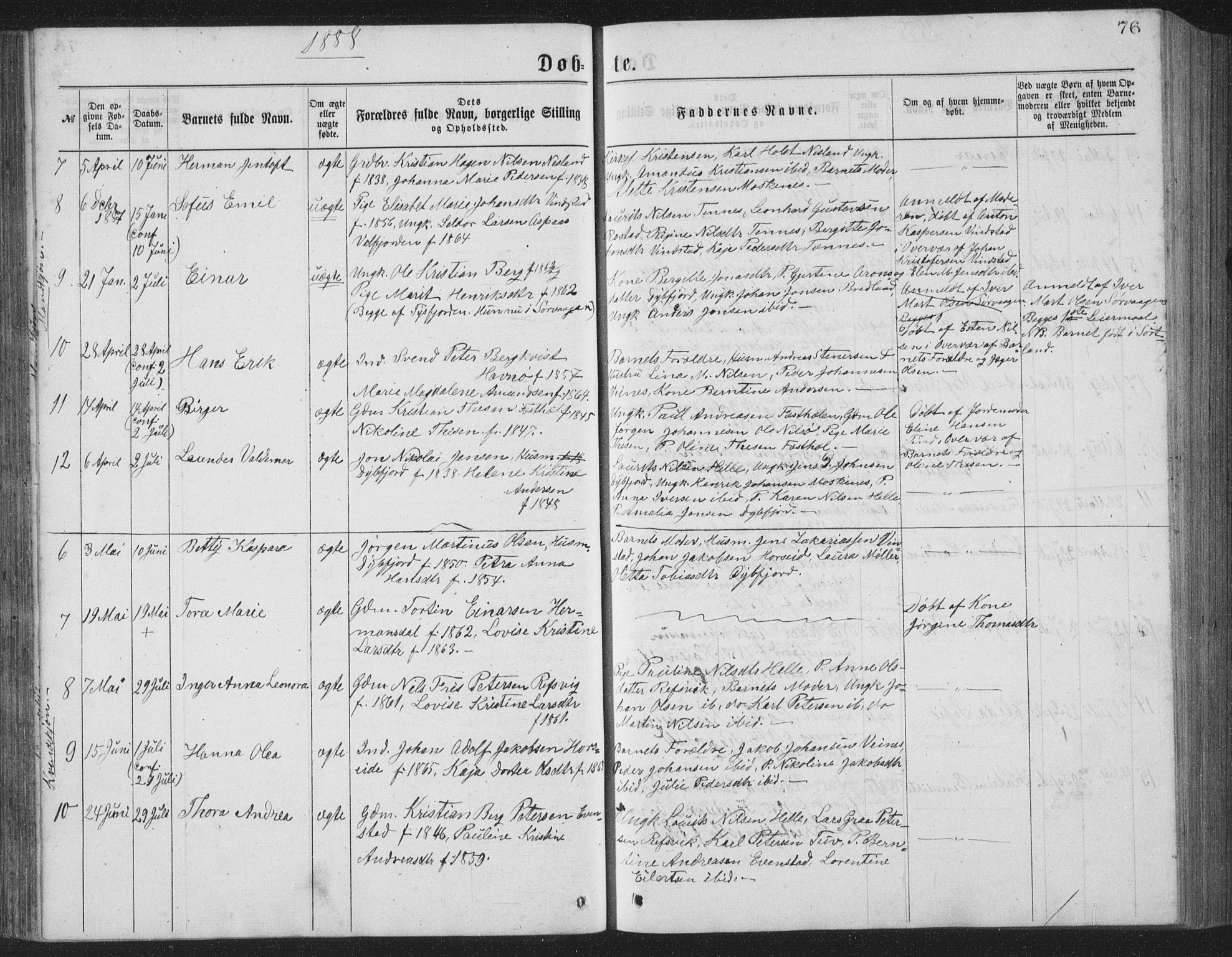 Ministerialprotokoller, klokkerbøker og fødselsregistre - Nordland, AV/SAT-A-1459/886/L1225: Klokkerbok nr. 886C02, 1874-1896, s. 76