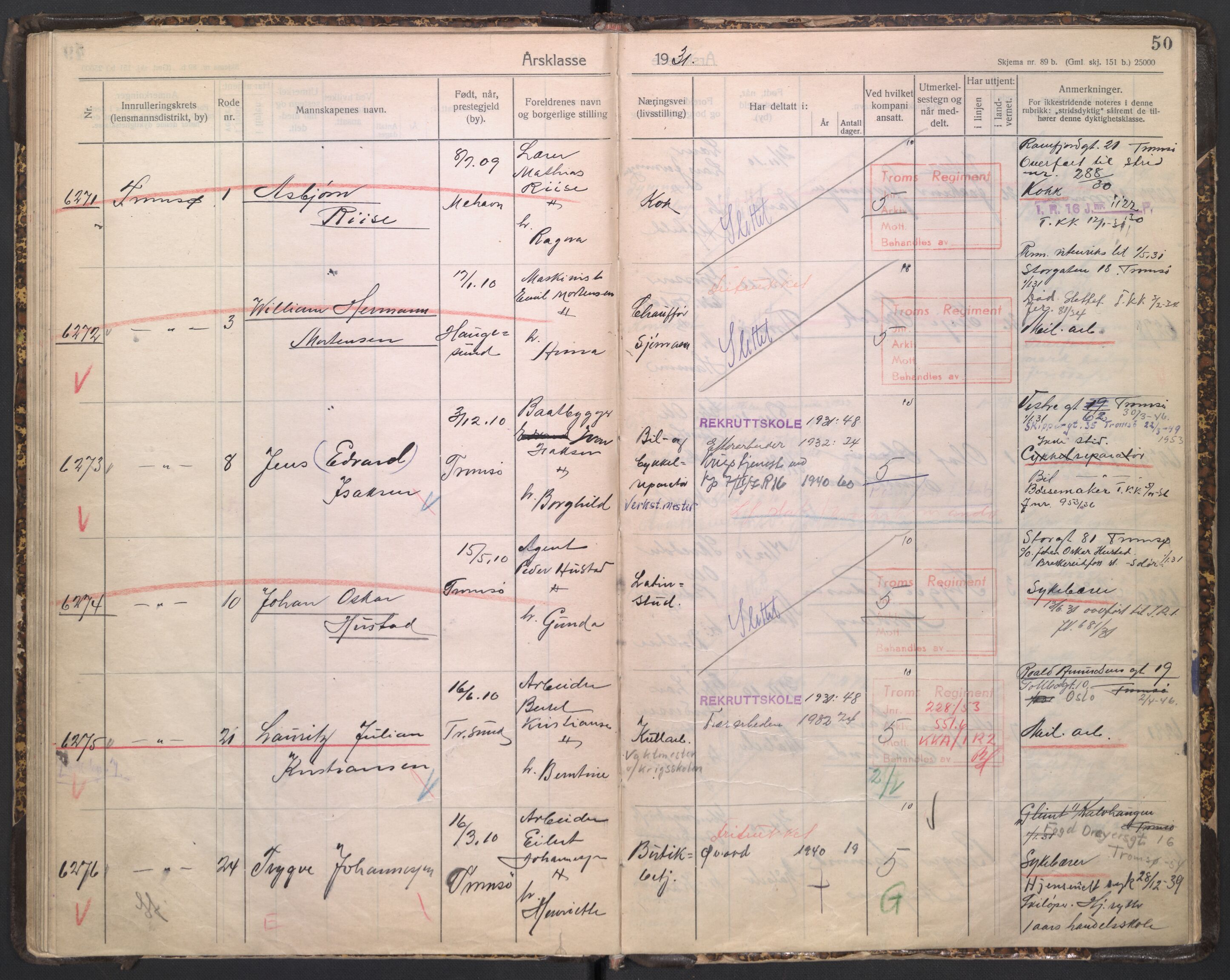 Forsvaret, Troms infanteriregiment nr. 16, AV/RA-RAFA-3146/P/Pa/L0005/0006: Ruller / Rulle for Bardu bataljons menige mannskaper, årsklasse 1931, 1931, s. 50