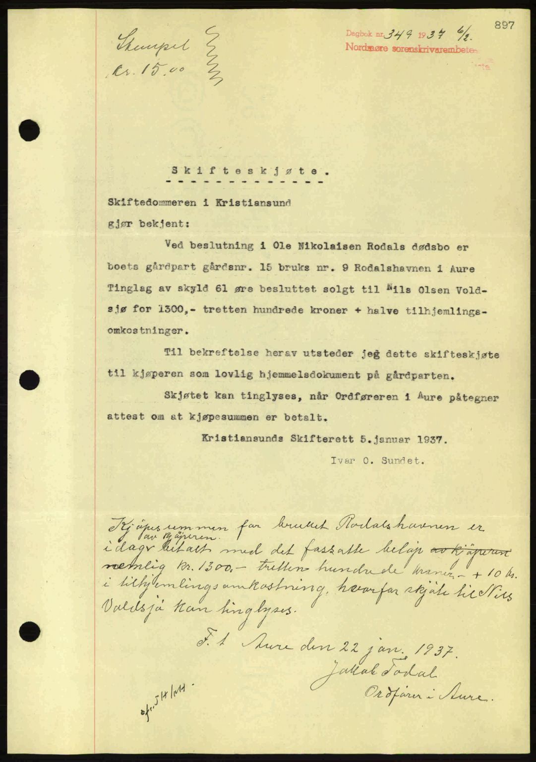 Nordmøre sorenskriveri, SAT/A-4132/1/2/2Ca: Pantebok nr. A80, 1936-1937, Dagboknr: 349/1937