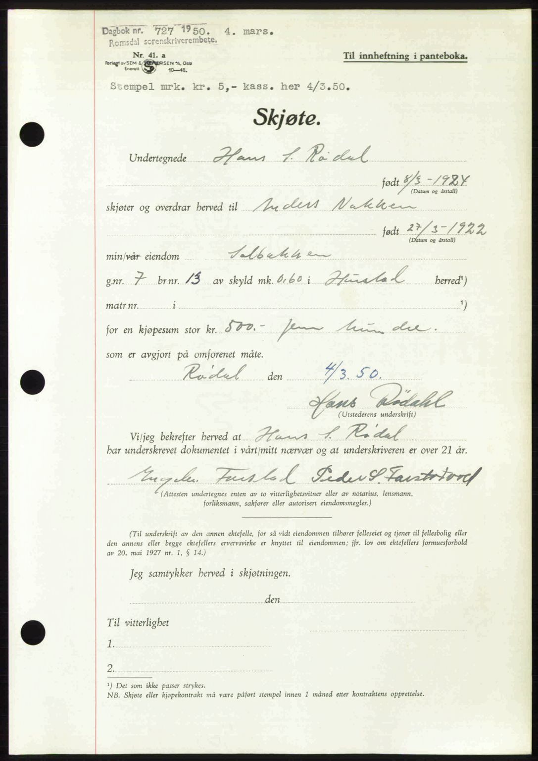 Romsdal sorenskriveri, AV/SAT-A-4149/1/2/2C: Pantebok nr. A32, 1950-1950, Dagboknr: 727/1950