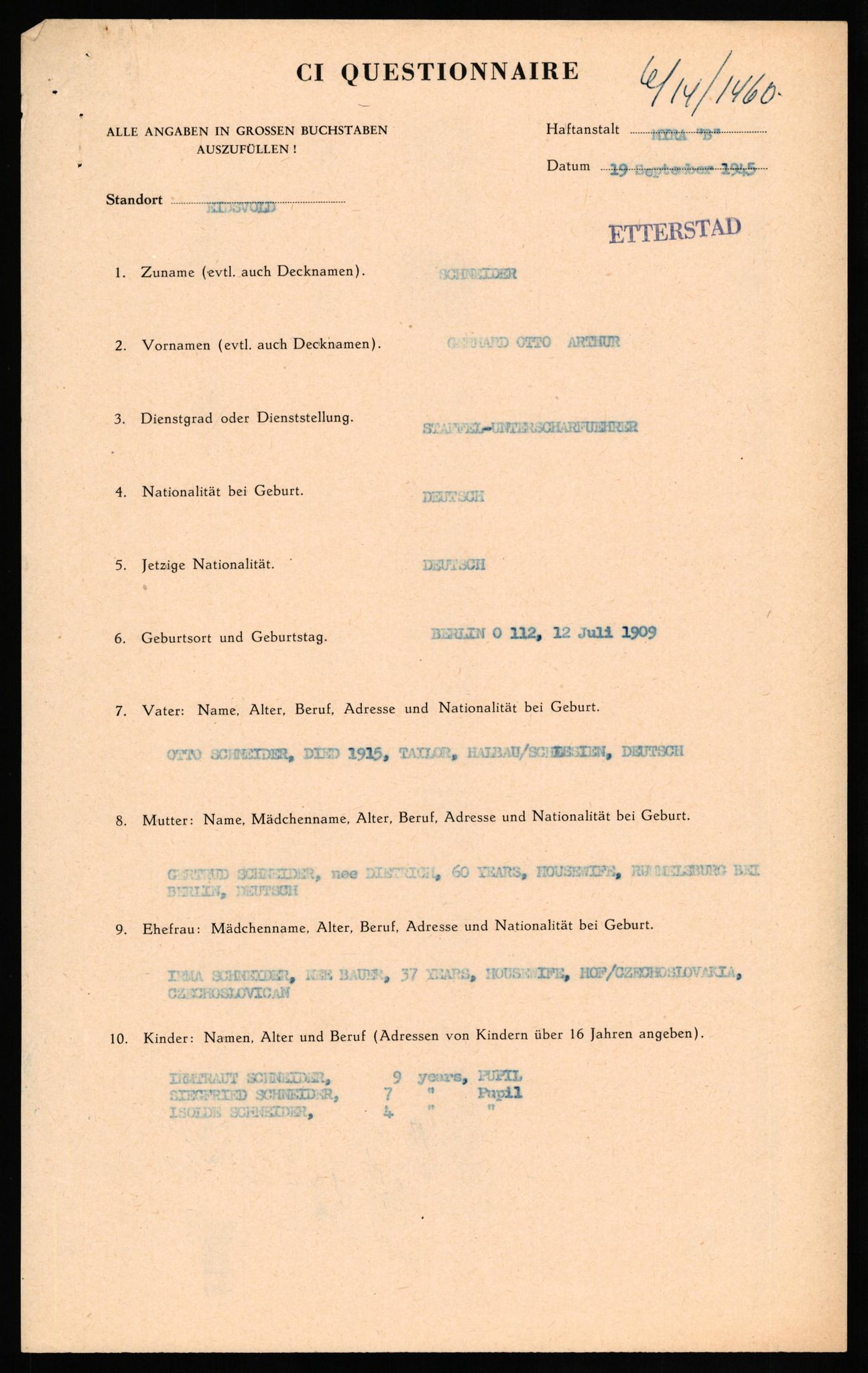 Forsvaret, Forsvarets overkommando II, AV/RA-RAFA-3915/D/Db/L0030: CI Questionaires. Tyske okkupasjonsstyrker i Norge. Tyskere., 1945-1946, s. 29