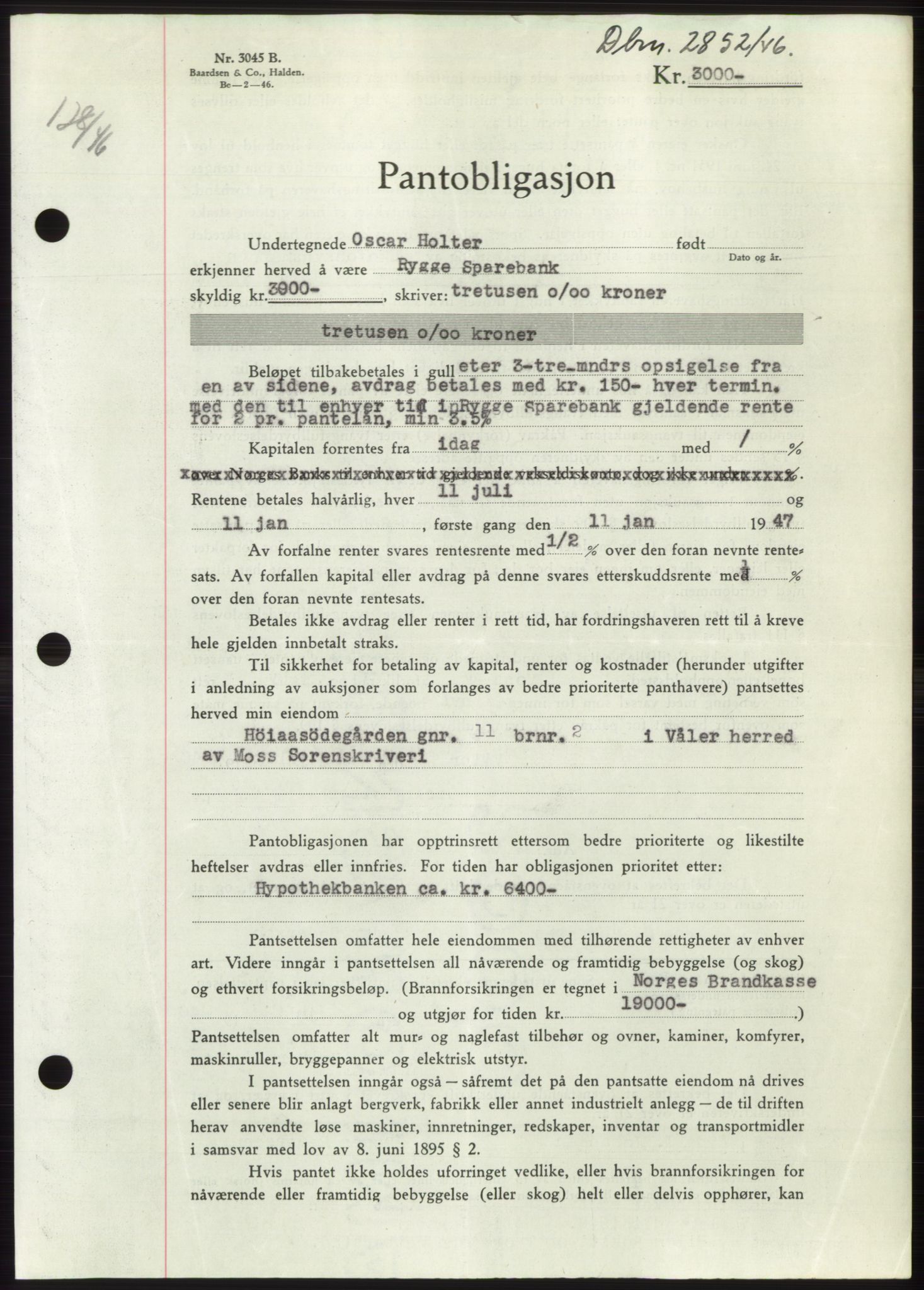 Moss sorenskriveri, SAO/A-10168: Pantebok nr. B16, 1946-1947, Dagboknr: 2852/1946