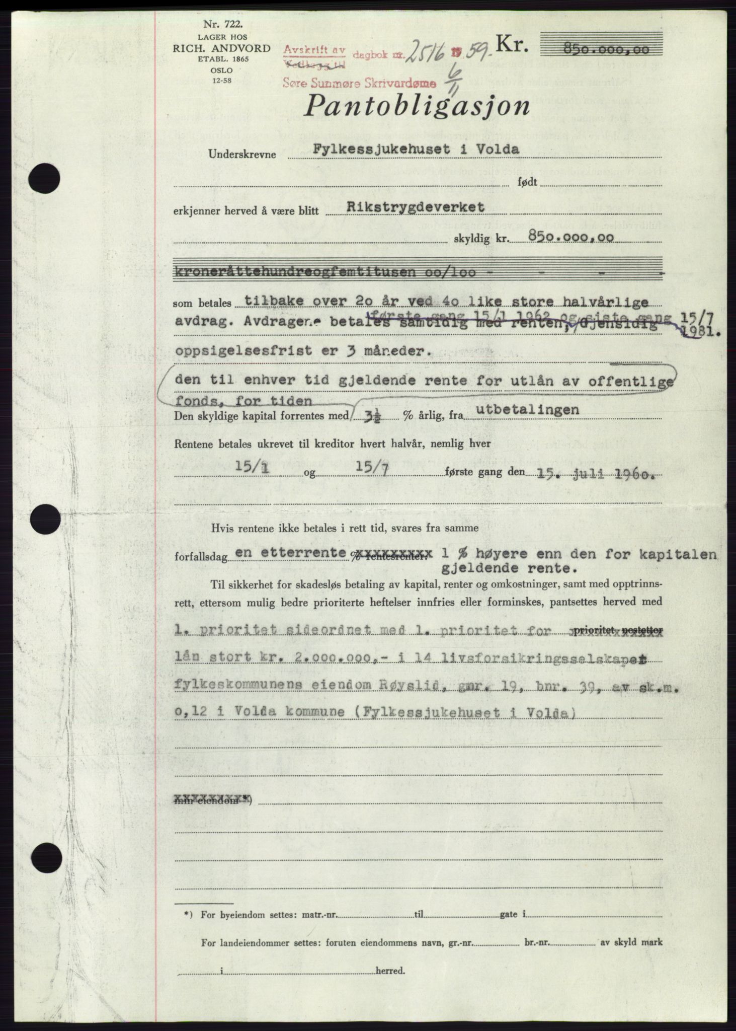 Søre Sunnmøre sorenskriveri, SAT/A-4122/1/2/2C/L0133: Pantebok nr. 21B, 1959-1959, Dagboknr: 2516/1959