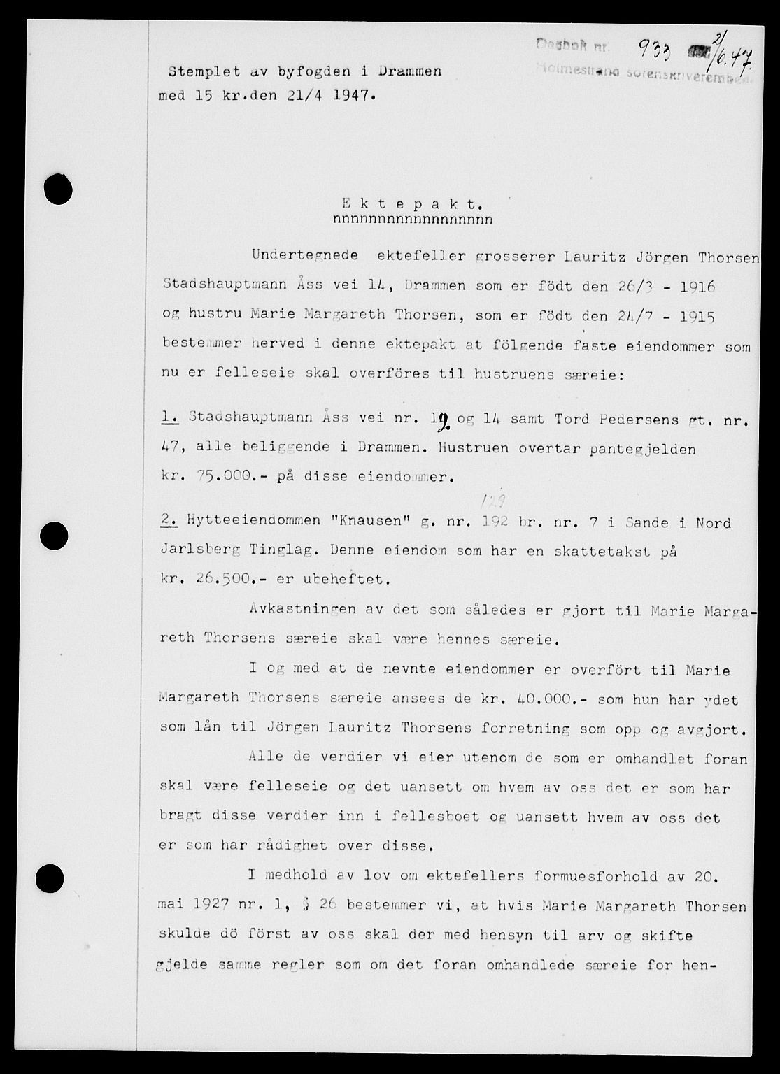Holmestrand sorenskriveri, SAKO/A-67/G/Ga/Gaa/L0062: Pantebok nr. A-62, 1947-1947, Dagboknr: 933/1947
