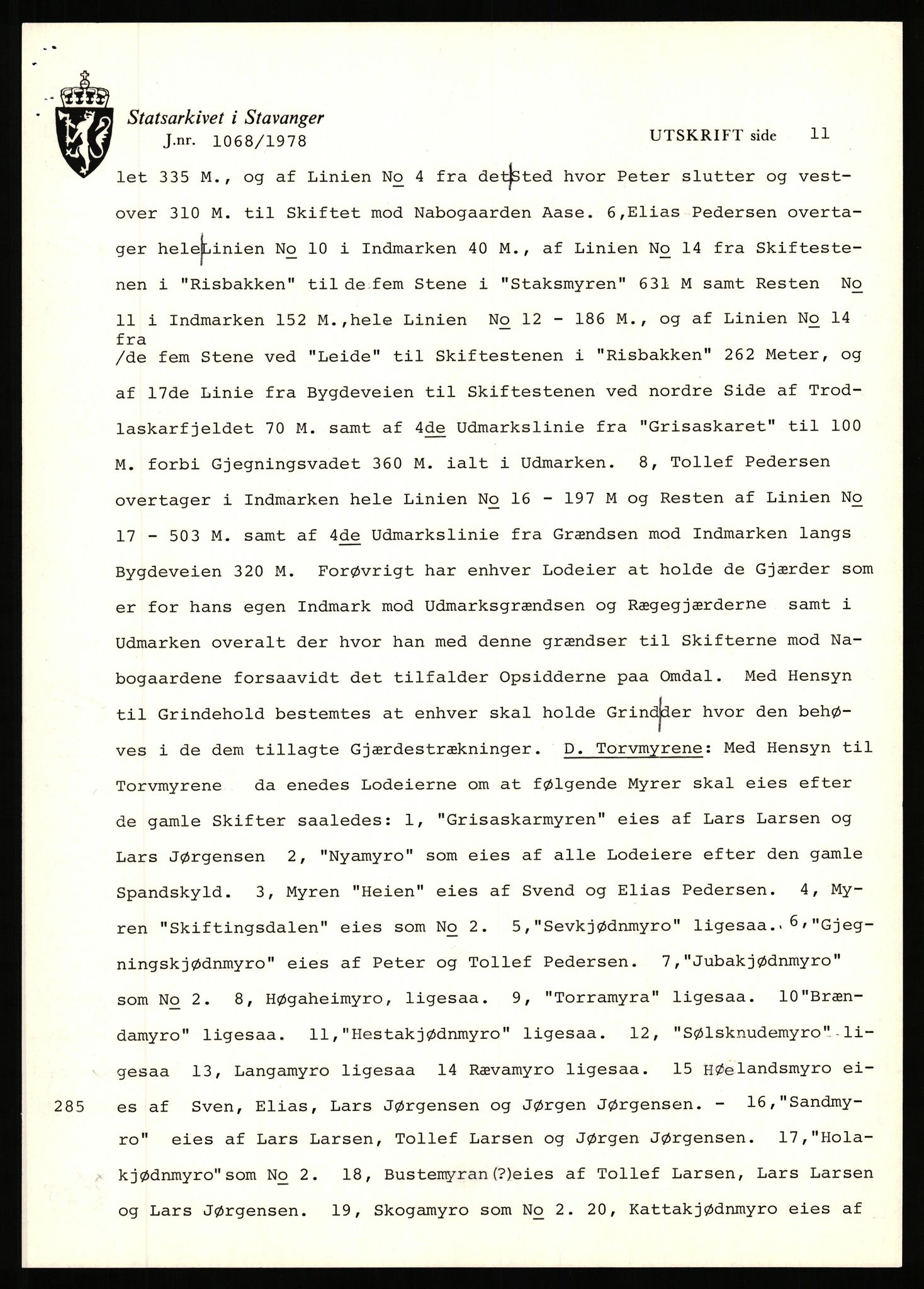 Statsarkivet i Stavanger, AV/SAST-A-101971/03/Y/Yj/L0100: Avskrifter sortert etter gårdsnavn: Ålgård - Årsland, 1750-1930, s. 180