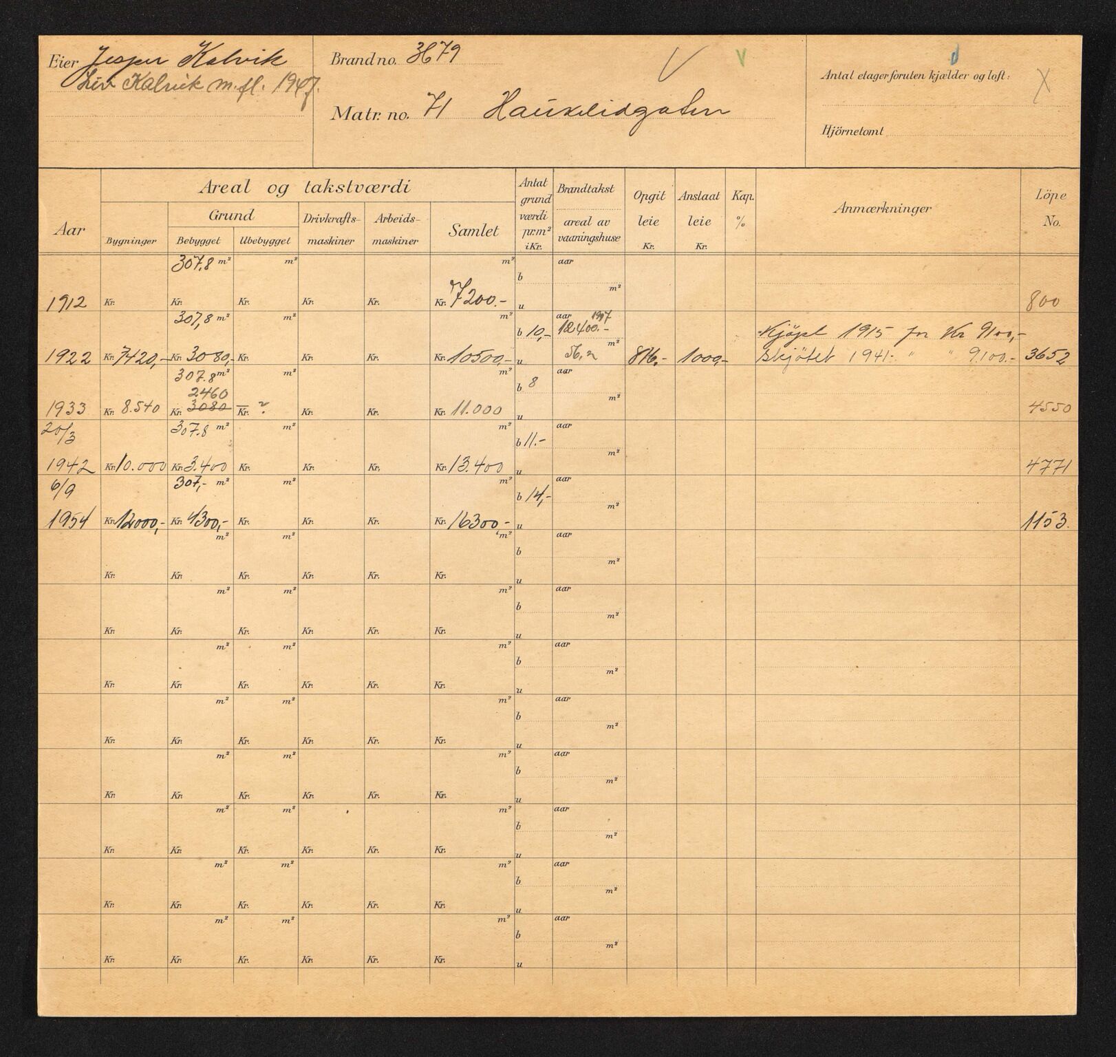 Stavanger kommune. Skattetakstvesenet, BYST/A-0440/F/Fa/Faa/L0017/0003: Skattetakstkort / Haukeligata 71 - Hellelandsveien 13