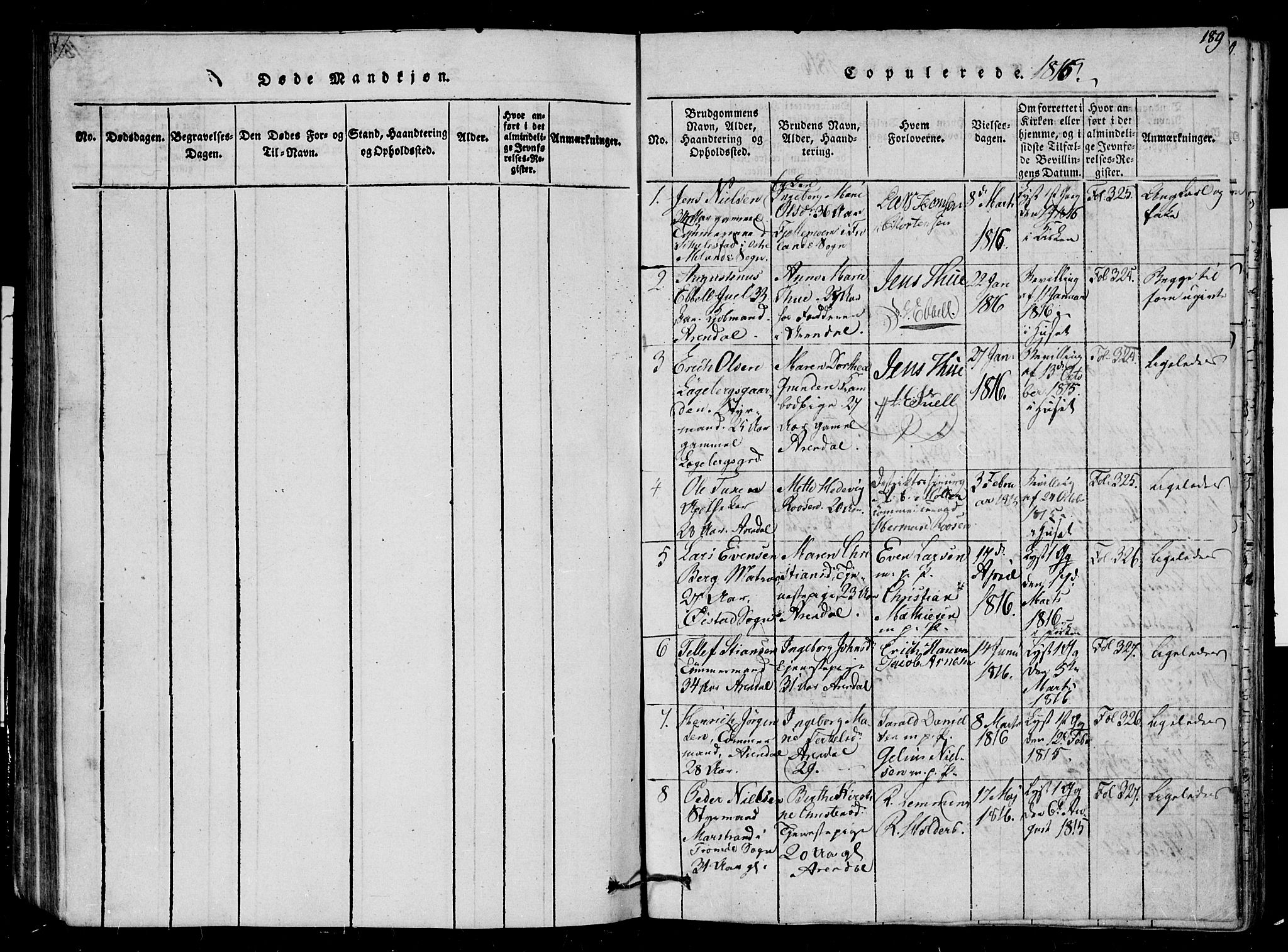 Arendal sokneprestkontor, Trefoldighet, AV/SAK-1111-0040/F/Fb/L0001: Klokkerbok nr. B 1, 1816-1838, s. 189