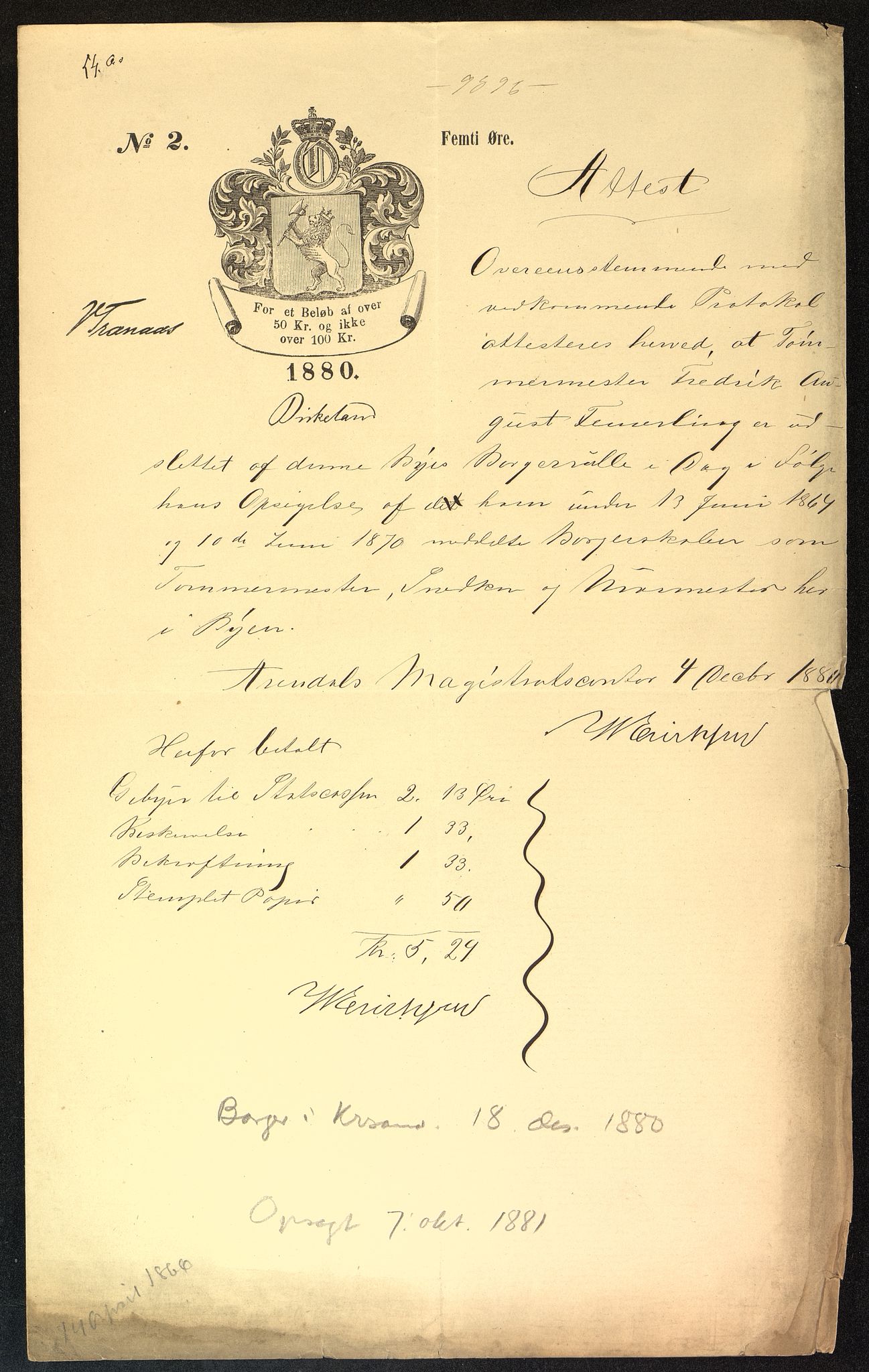 Kristiansand By - Magistraten, IKAV/1001KG122/G/Gc/L0009: Borgerbrev, 1877-1901