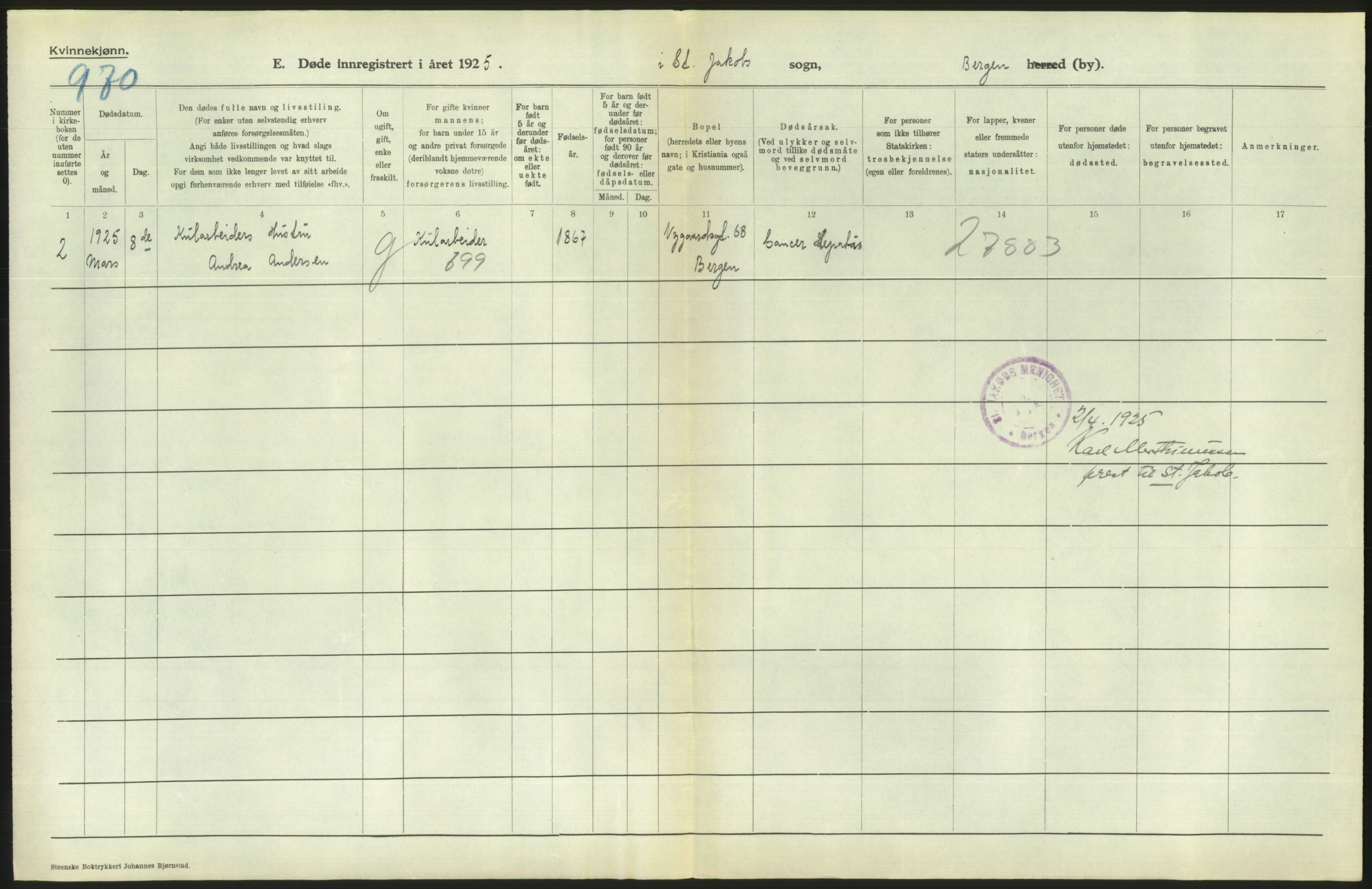 Statistisk sentralbyrå, Sosiodemografiske emner, Befolkning, AV/RA-S-2228/D/Df/Dfc/Dfce/L0029: Bergen: Gifte, døde., 1925, s. 760