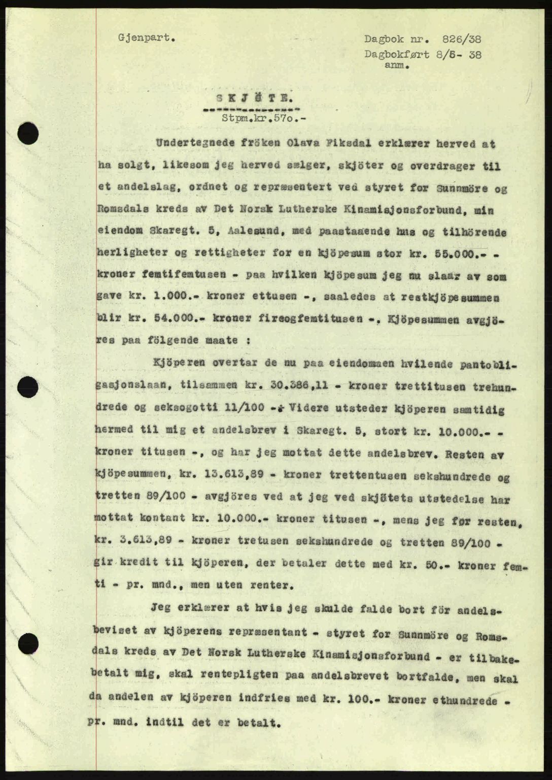 Ålesund byfogd, AV/SAT-A-4384: Pantebok nr. 34 II, 1938-1940, Dagboknr: 826/1938