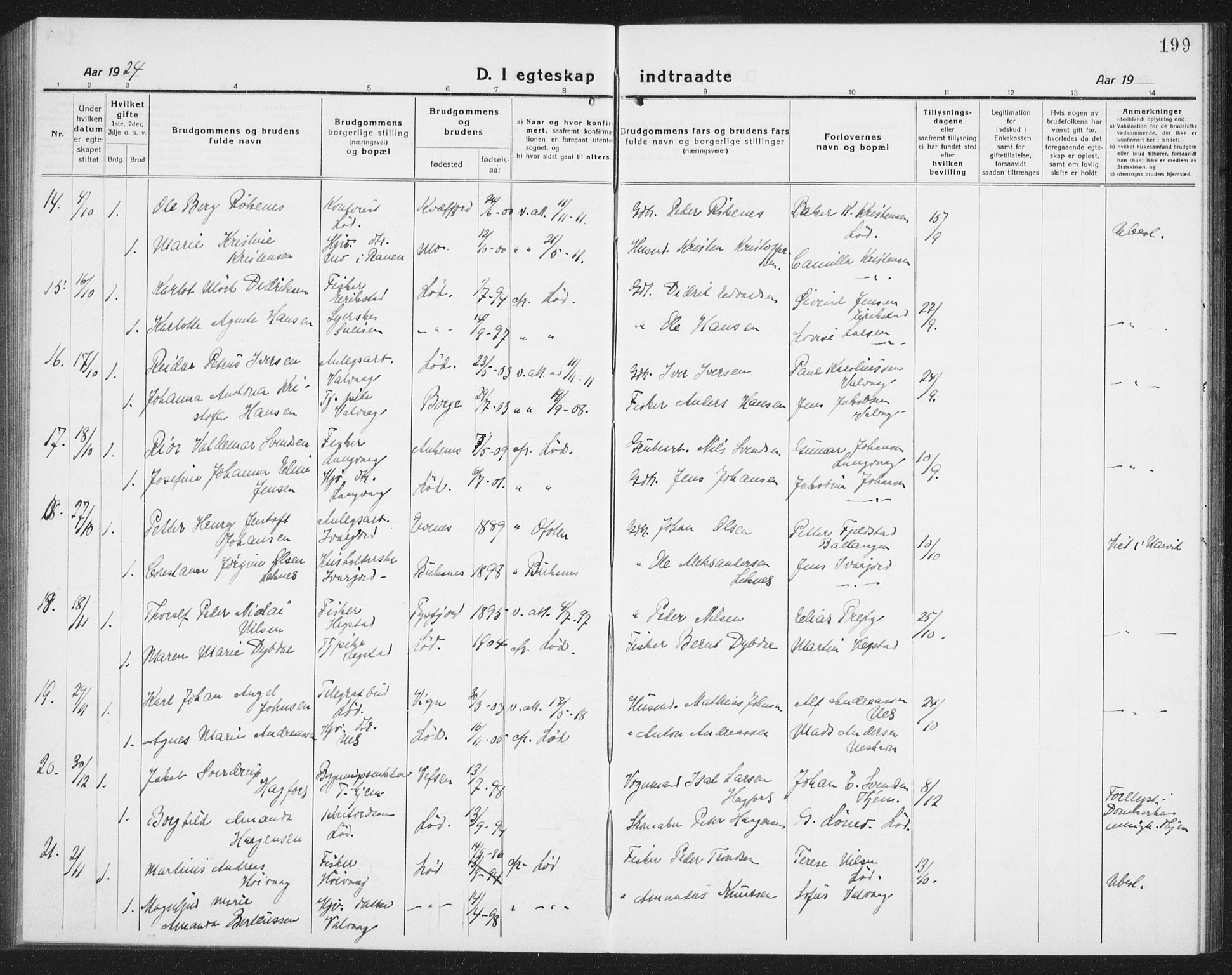 Ministerialprotokoller, klokkerbøker og fødselsregistre - Nordland, AV/SAT-A-1459/872/L1049: Klokkerbok nr. 872C05, 1920-1938, s. 199