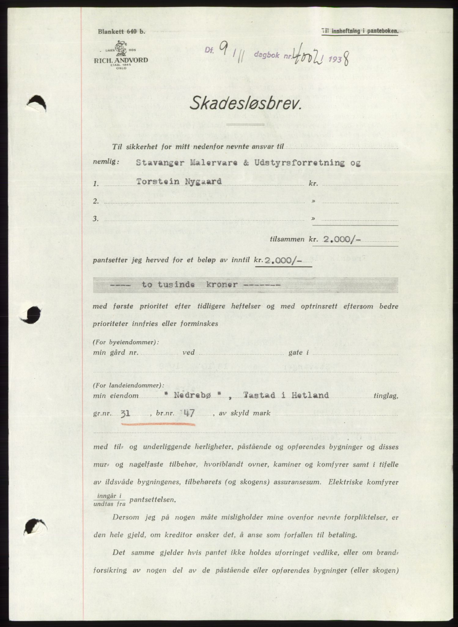 Jæren sorenskriveri, SAST/A-100310/03/G/Gba/L0072: Pantebok, 1938-1938, Dagboknr: 4002/1938