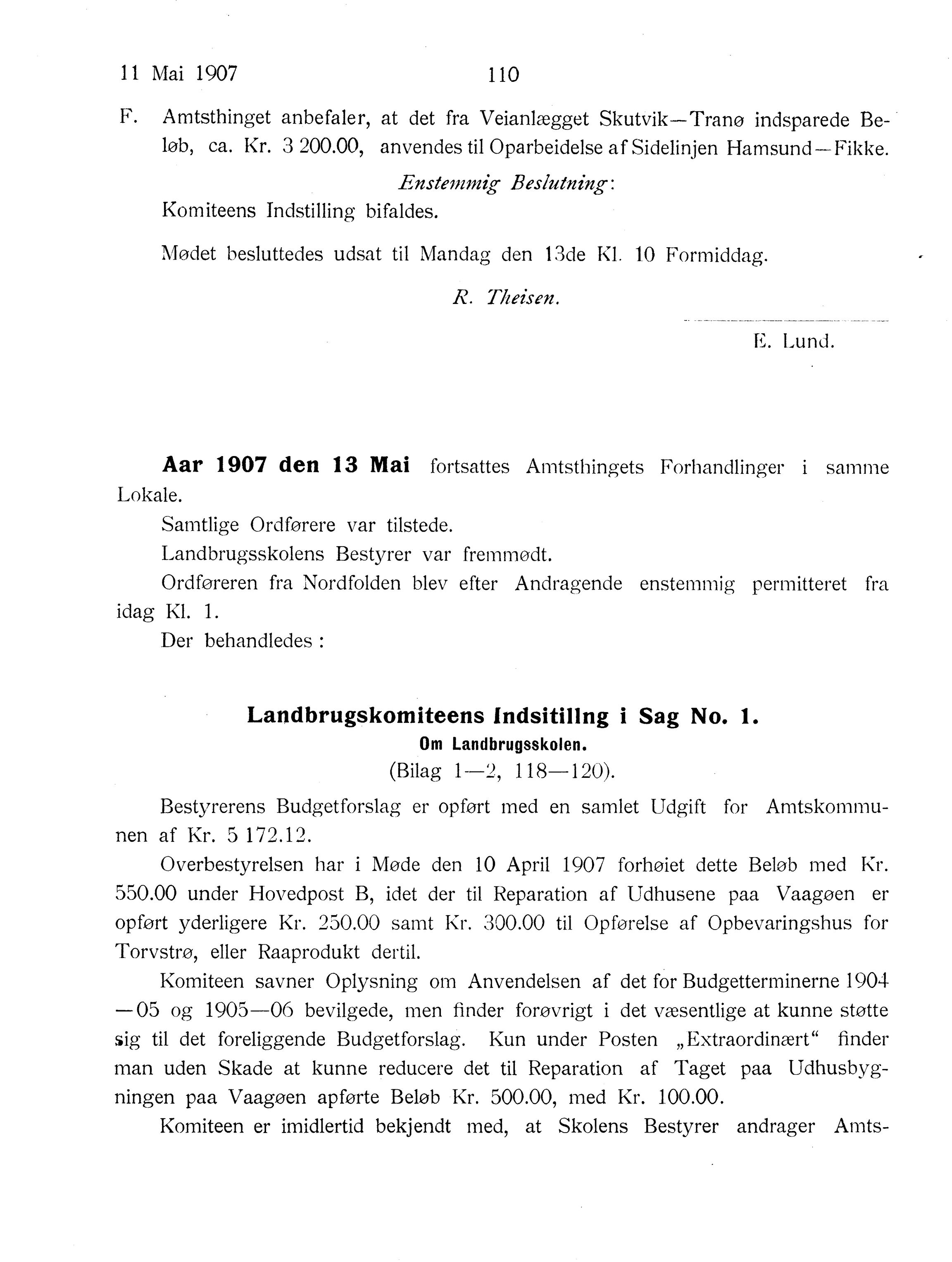 Nordland Fylkeskommune. Fylkestinget, AIN/NFK-17/176/A/Ac/L0030: Fylkestingsforhandlinger 1907, 1907, s. 110