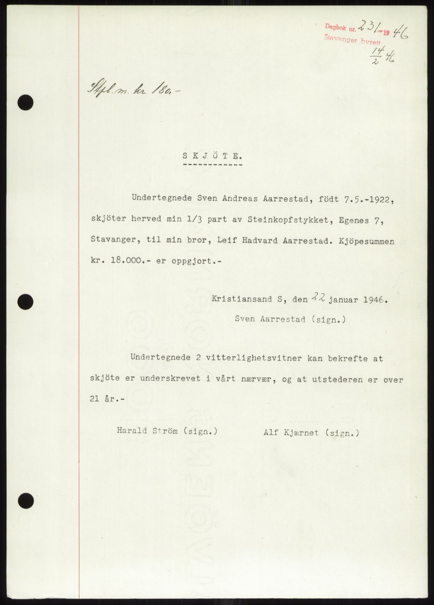 Stavanger byrett, SAST/A-100455/002/G/Gb/L0033: Pantebok, 1936-1950, Dagboknr: 231/1946