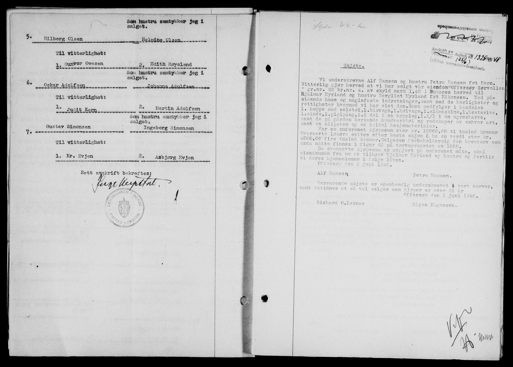 Lofoten sorenskriveri, SAT/A-0017/1/2/2C/L0018a: Pantebok nr. 18a, 1948-1948, Dagboknr: 1325/1948