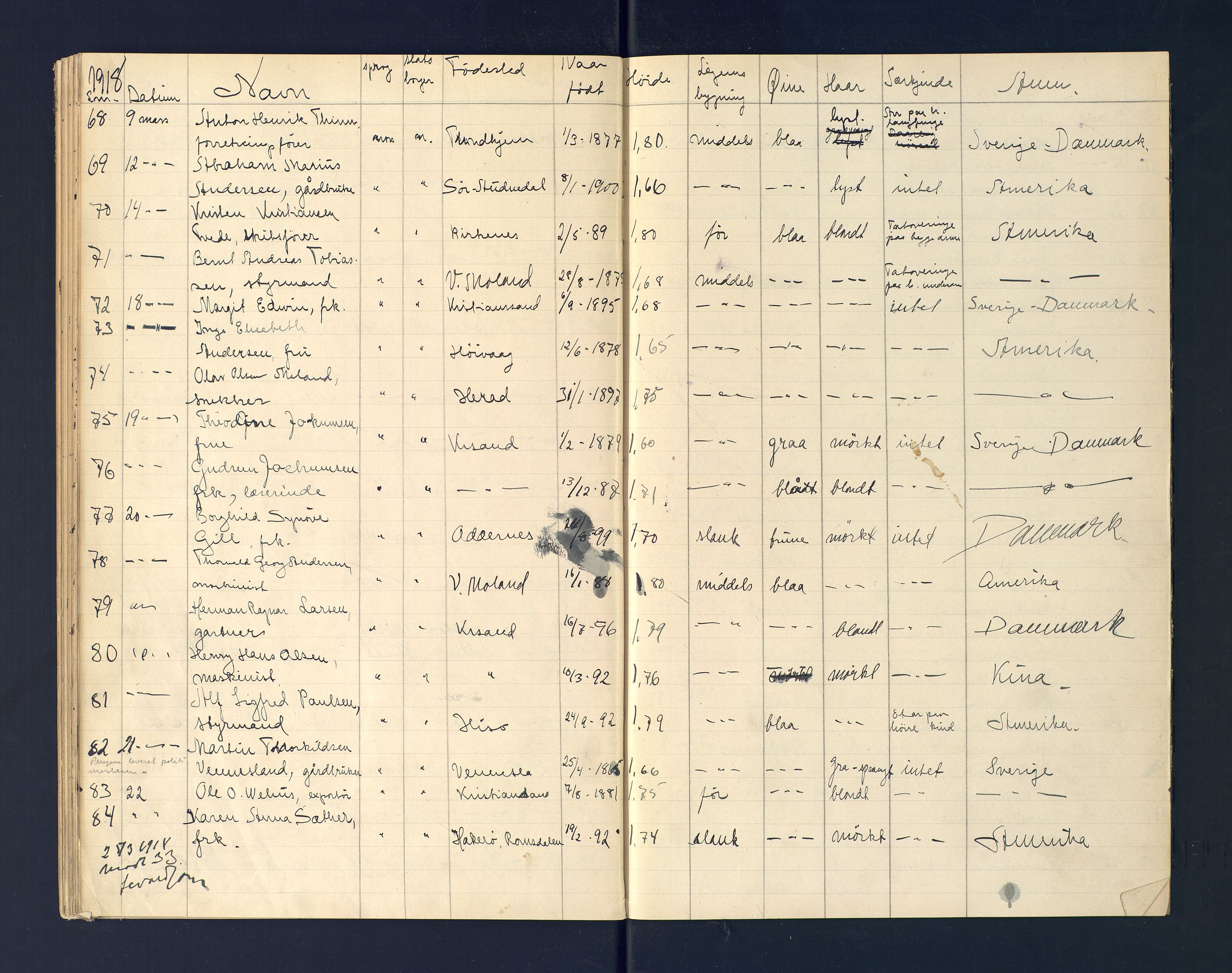 Kristiansand politikammer, AV/SAK-1243-0004/K/Ka/L0227: Passprotokoll foreviste reisepass, 1916-1918, s. 50