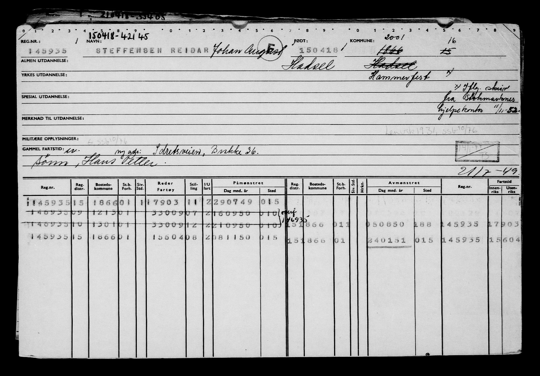 Direktoratet for sjømenn, AV/RA-S-3545/G/Gb/L0157: Hovedkort, 1918, s. 335