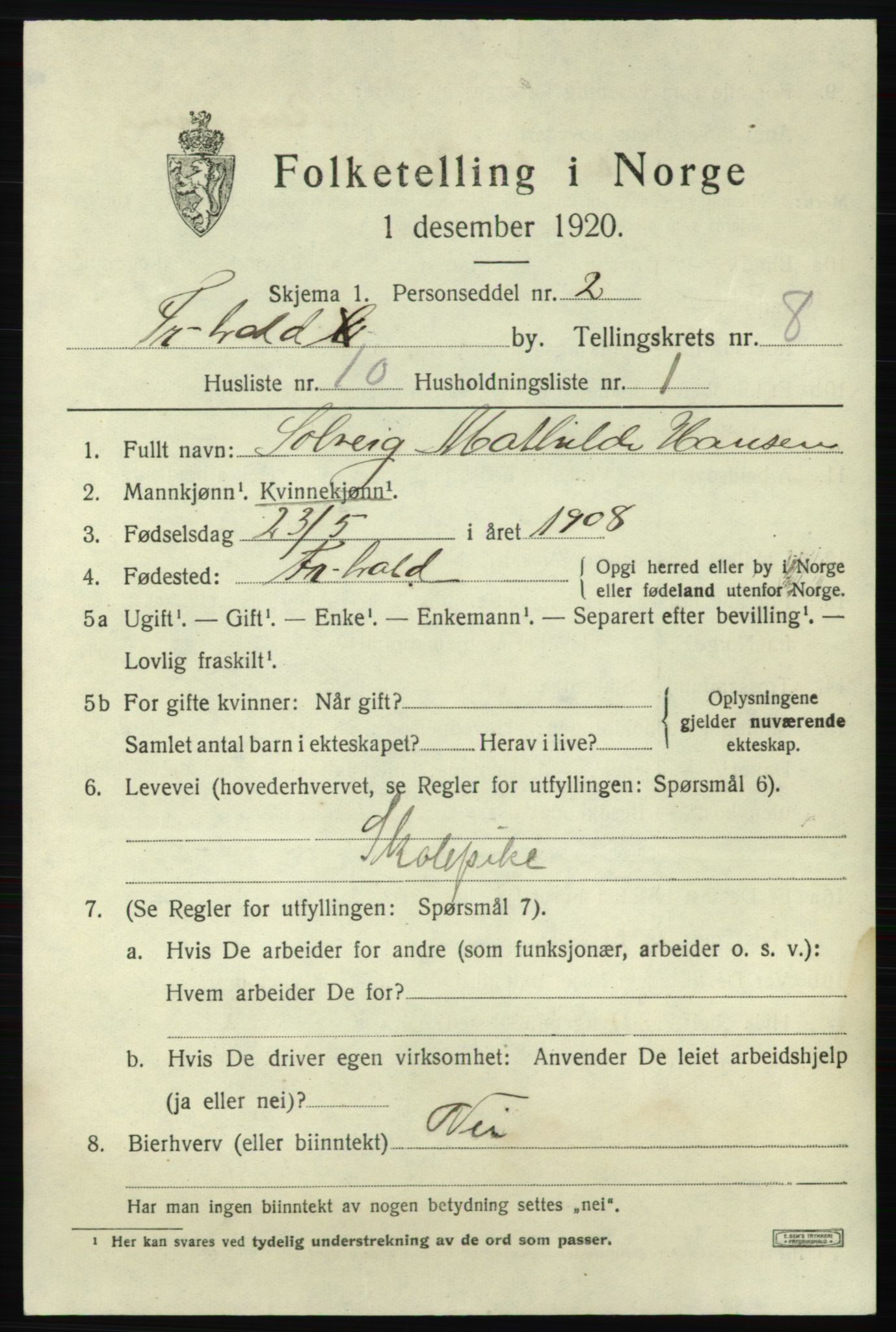 SAO, Folketelling 1920 for 0101 Fredrikshald kjøpstad, 1920, s. 14857