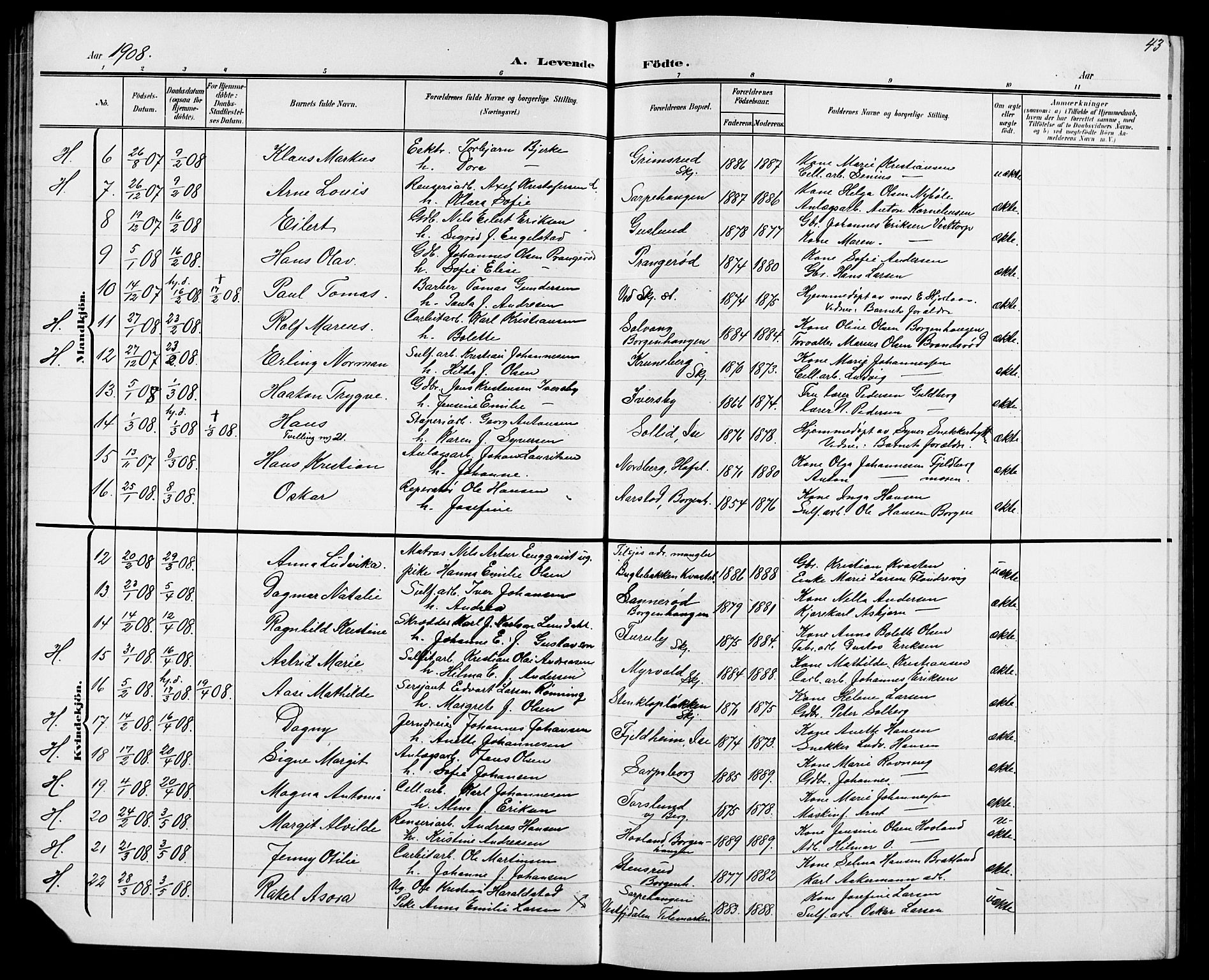 Skjeberg prestekontor Kirkebøker, AV/SAO-A-10923/G/Ga/L0002: Klokkerbok nr. I 2, 1901-1924, s. 43