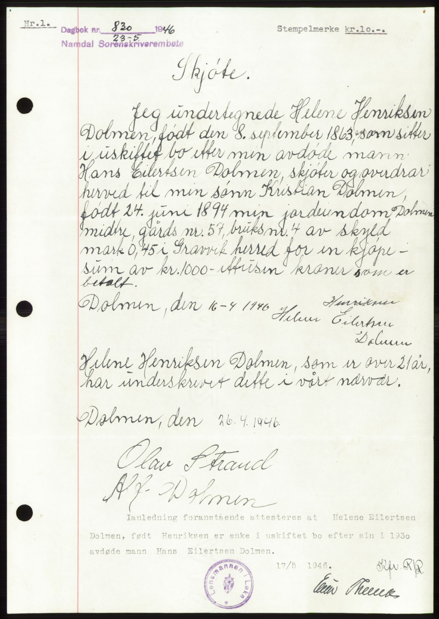 Namdal sorenskriveri, SAT/A-4133/1/2/2C: Pantebok nr. -, 1946-1946, Dagboknr: 830/1946