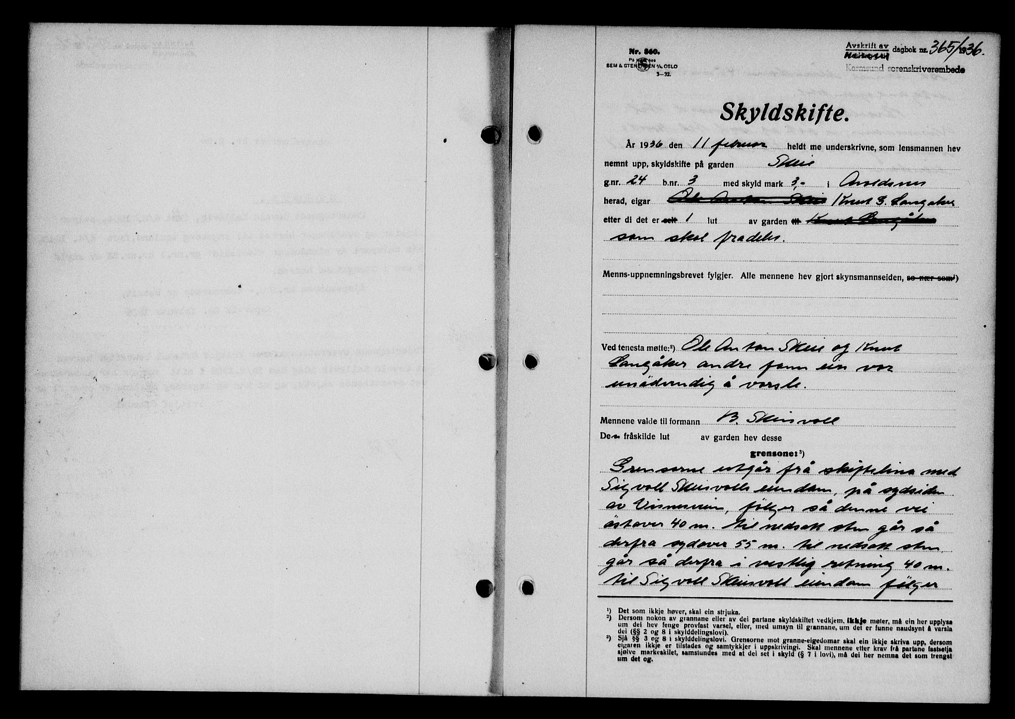 Karmsund sorenskriveri, SAST/A-100311/01/II/IIB/L0066: Pantebok nr. 47A, 1936-1936, Dagboknr: 365/1936