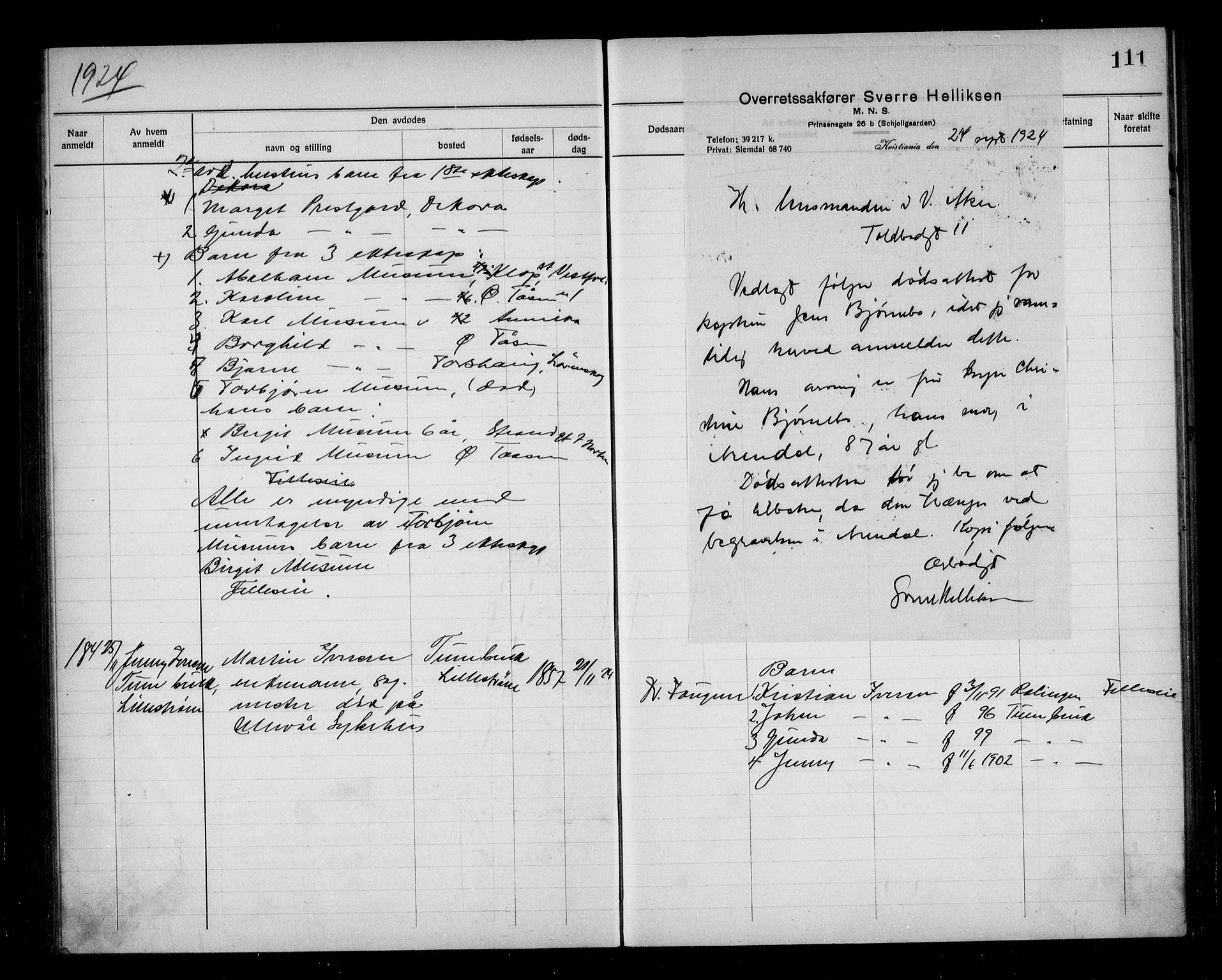 Aker kriminaldommer, skifte- og auksjonsforvalterembete, AV/SAO-A-10452/H/Hb/Hba/Hbab/L0001: Dødsfallsprotokoll for Vestre Aker, 1922-1925, s. 111