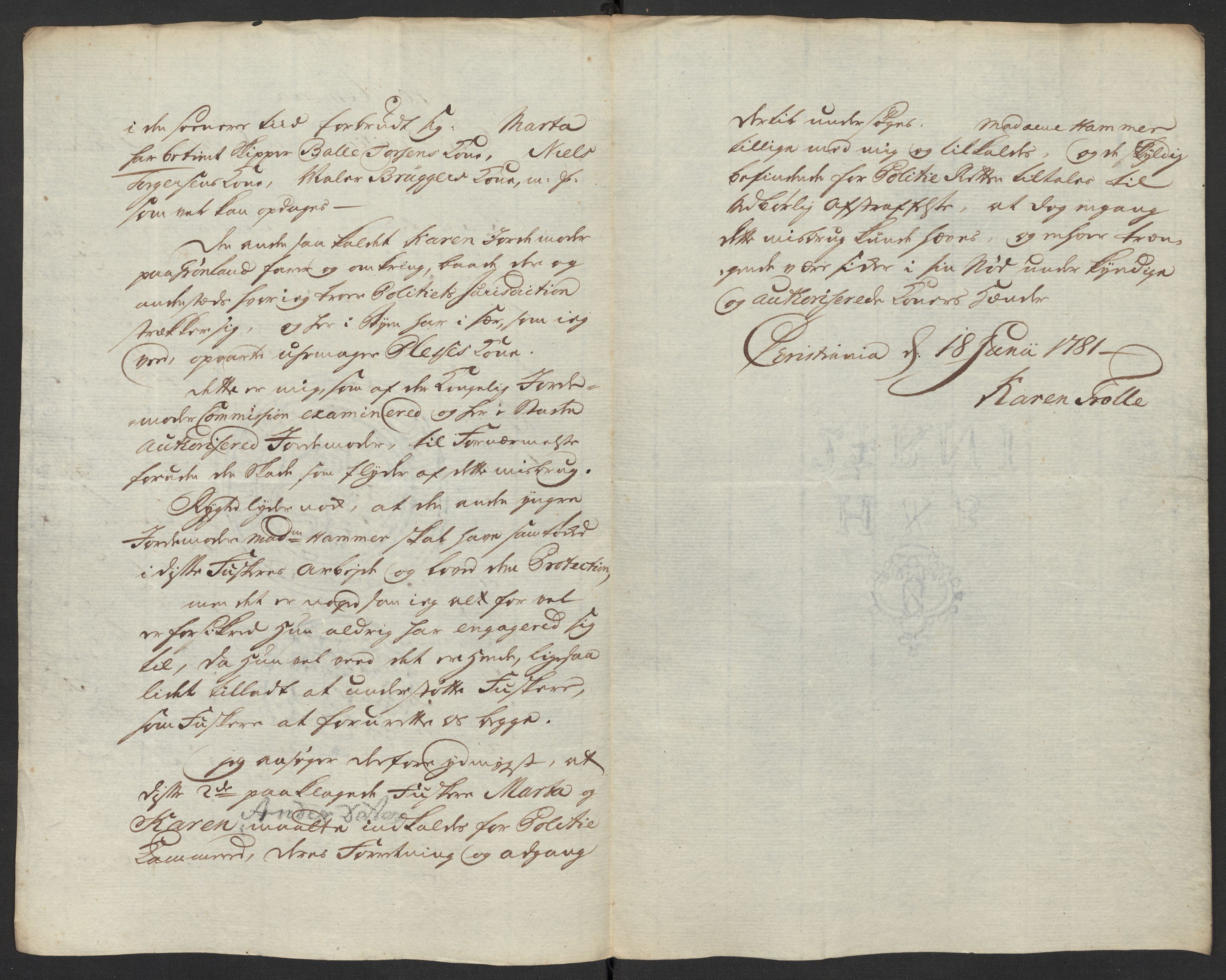 Oslo politidistrikt, AV/SAO-A-10085/D/Da/L0003: Innkomne brev, pro memoria m.v., 1781, s. 251
