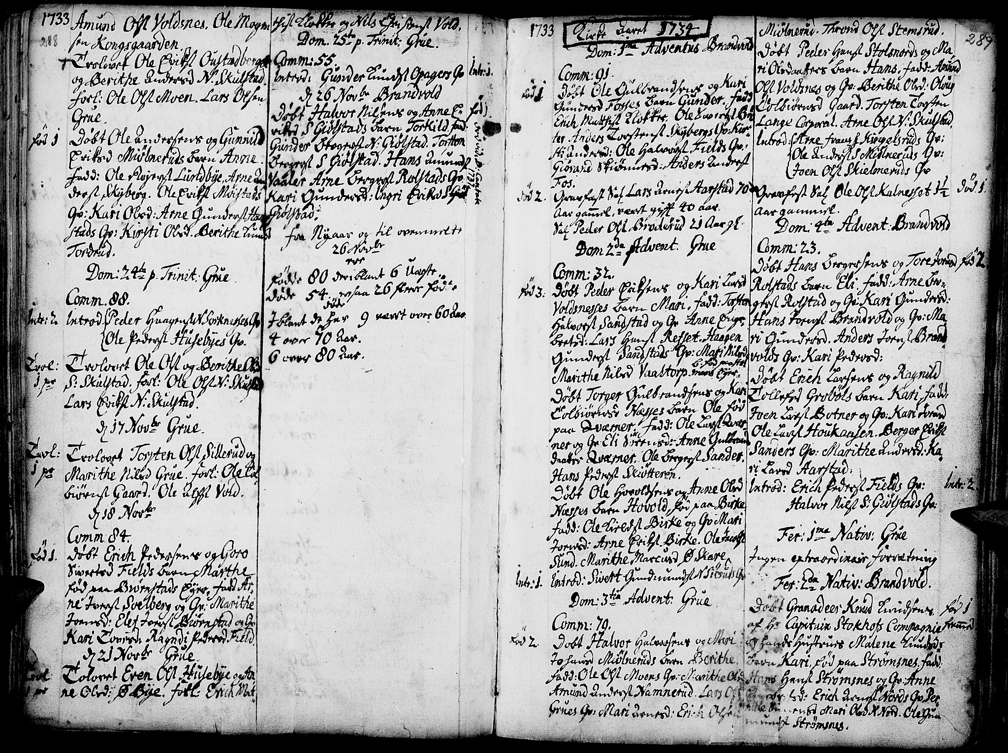 Grue prestekontor, AV/SAH-PREST-036/H/Ha/Haa/L0001: Ministerialbok nr. 1, 1712-1748, s. 288-289