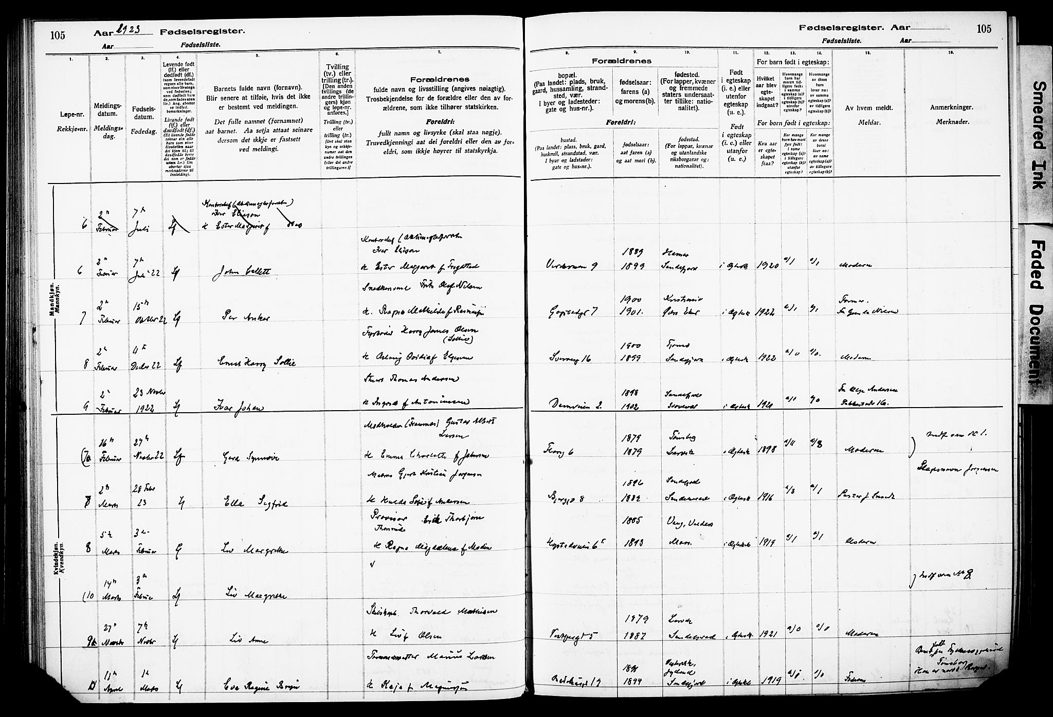 Sandefjord kirkebøker, AV/SAKO-A-315/J/Ja/L0001: Fødselsregister nr. 1, 1916-1932, s. 105