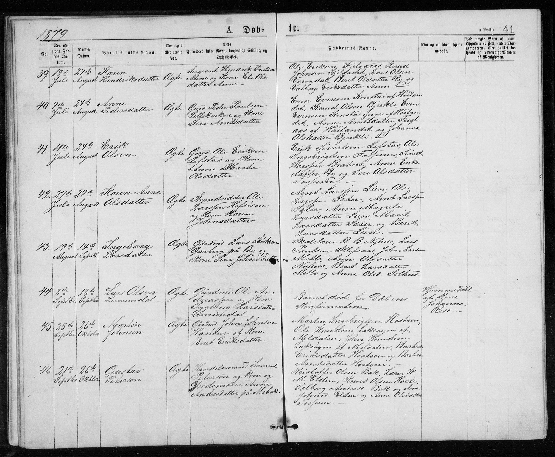 Ministerialprotokoller, klokkerbøker og fødselsregistre - Sør-Trøndelag, AV/SAT-A-1456/671/L0843: Klokkerbok nr. 671C02, 1873-1892, s. 41