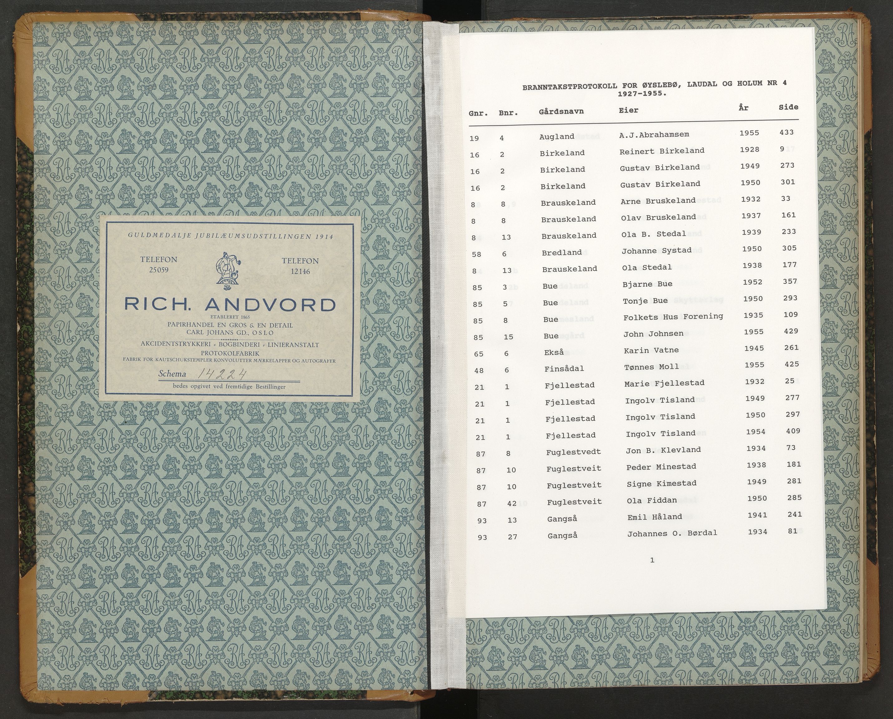 Norges Brannkasse Øyslebø og Laudal, AV/SAK-2241-0060/F/Fa/L0004: Branntakstprotokoll nr. 4 for Øyslebø, Laudal og Holum med gårdsnavnregister, 1927-1955