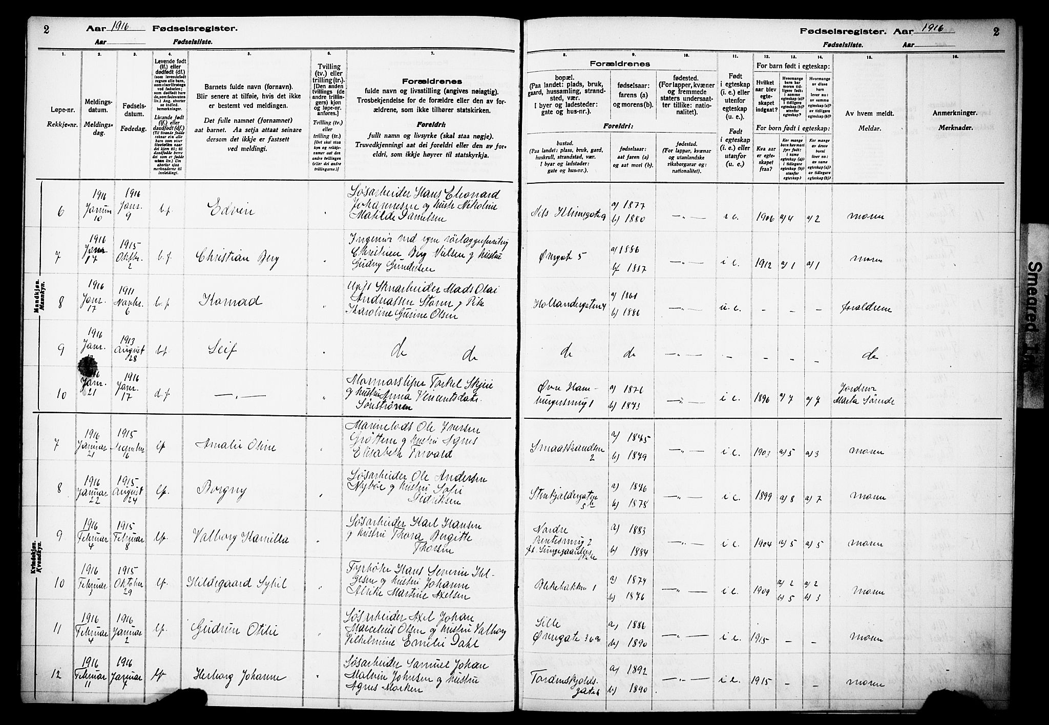 Korskirken sokneprestembete, AV/SAB-A-76101/I/Id/L00A1: Fødselsregister nr. A 1, 1916-1929, s. 2