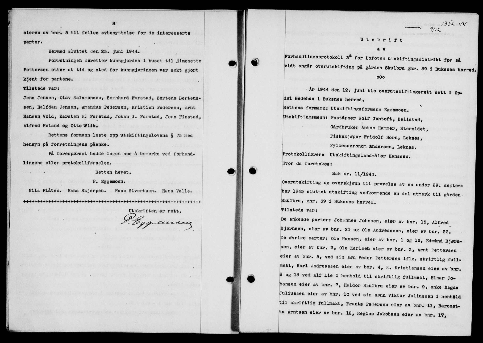 Lofoten sorenskriveri, SAT/A-0017/1/2/2C/L0013a: Pantebok nr. 13a, 1944-1946, Dagboknr: 1352/1944