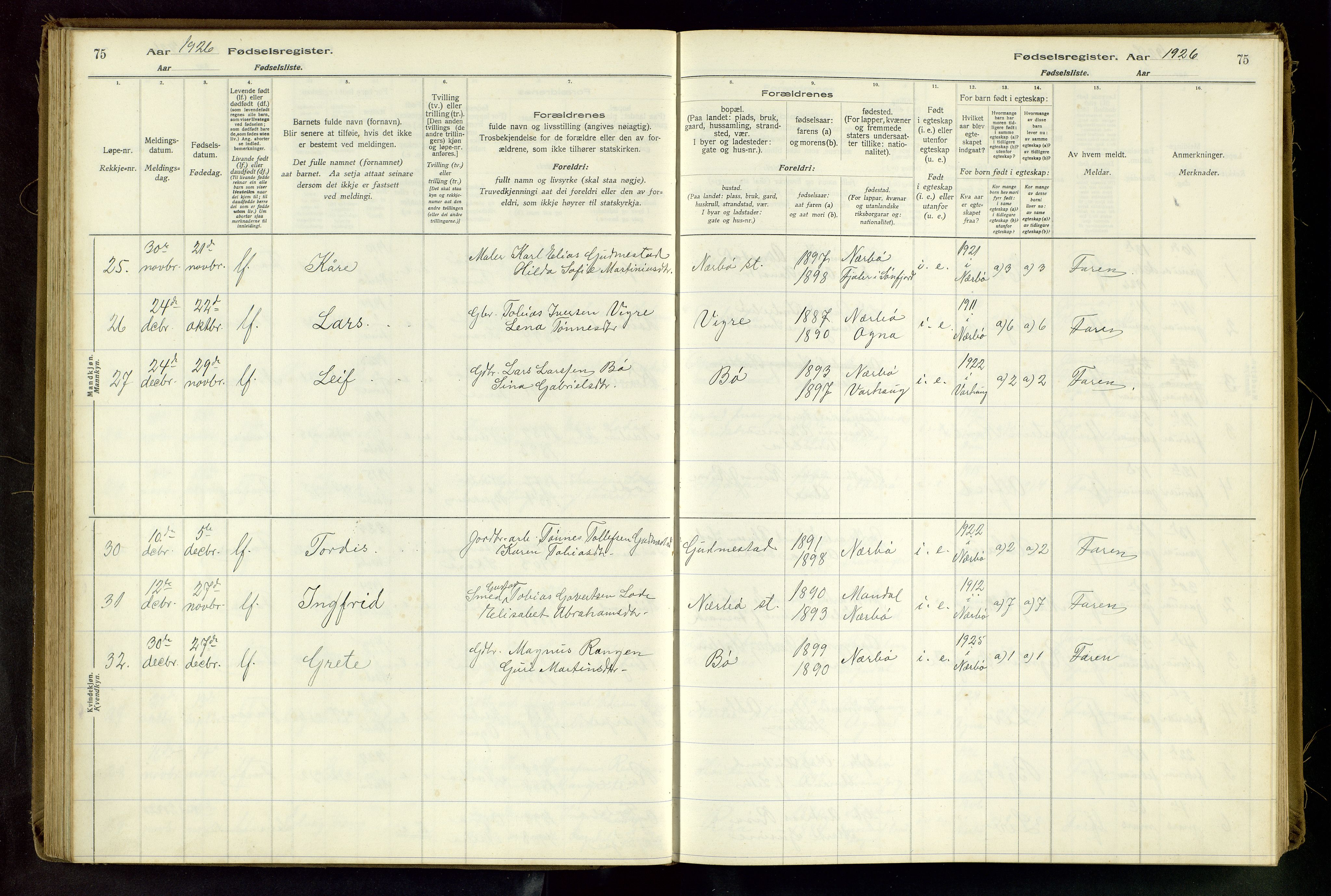 Hå sokneprestkontor, AV/SAST-A-101801/002/C/L0001: Fødselsregister nr. 1, 1916-1945, s. 75