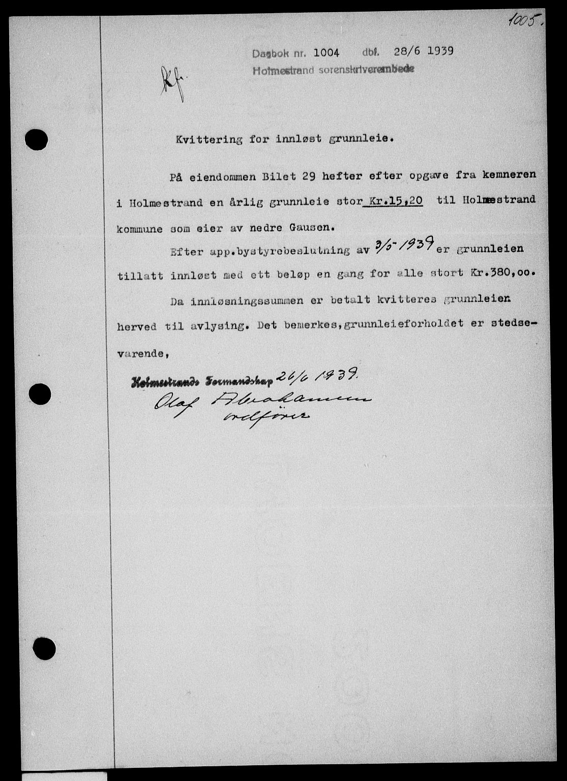 Holmestrand sorenskriveri, SAKO/A-67/G/Ga/Gaa/L0050: Pantebok nr. A-50, 1938-1939, Dagboknr: 1004/1939