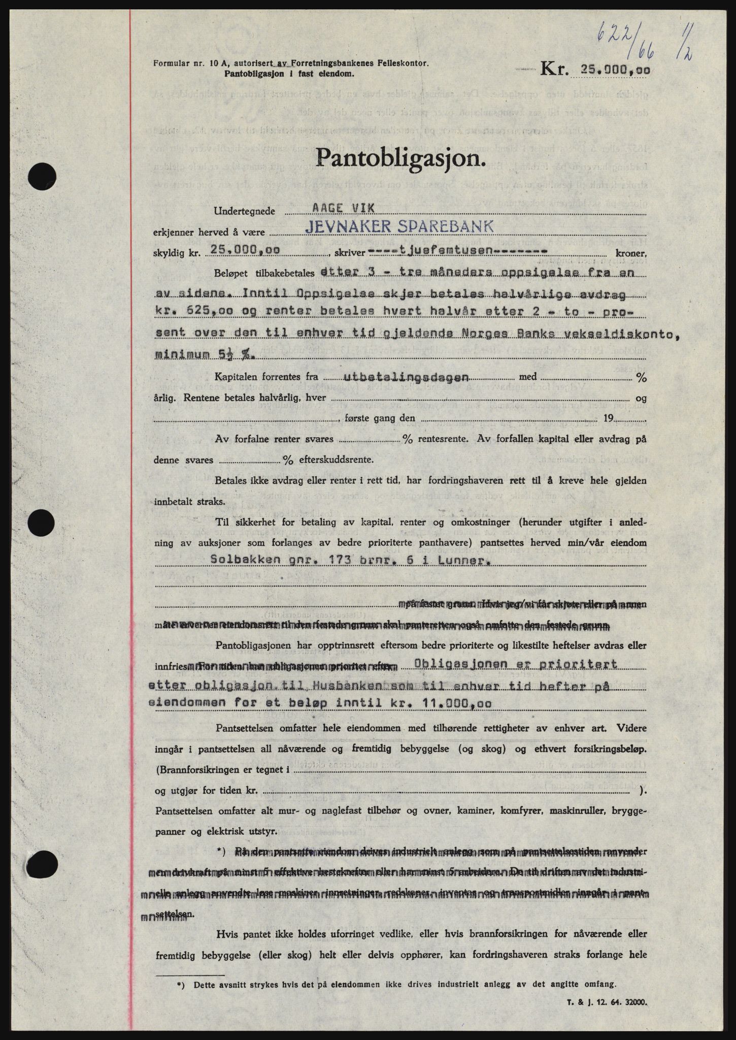 Hadeland og Land tingrett, SAH/TING-010/H/Hb/Hbc/L0061: Pantebok nr. B61, 1965-1966, Dagboknr: 622/1966