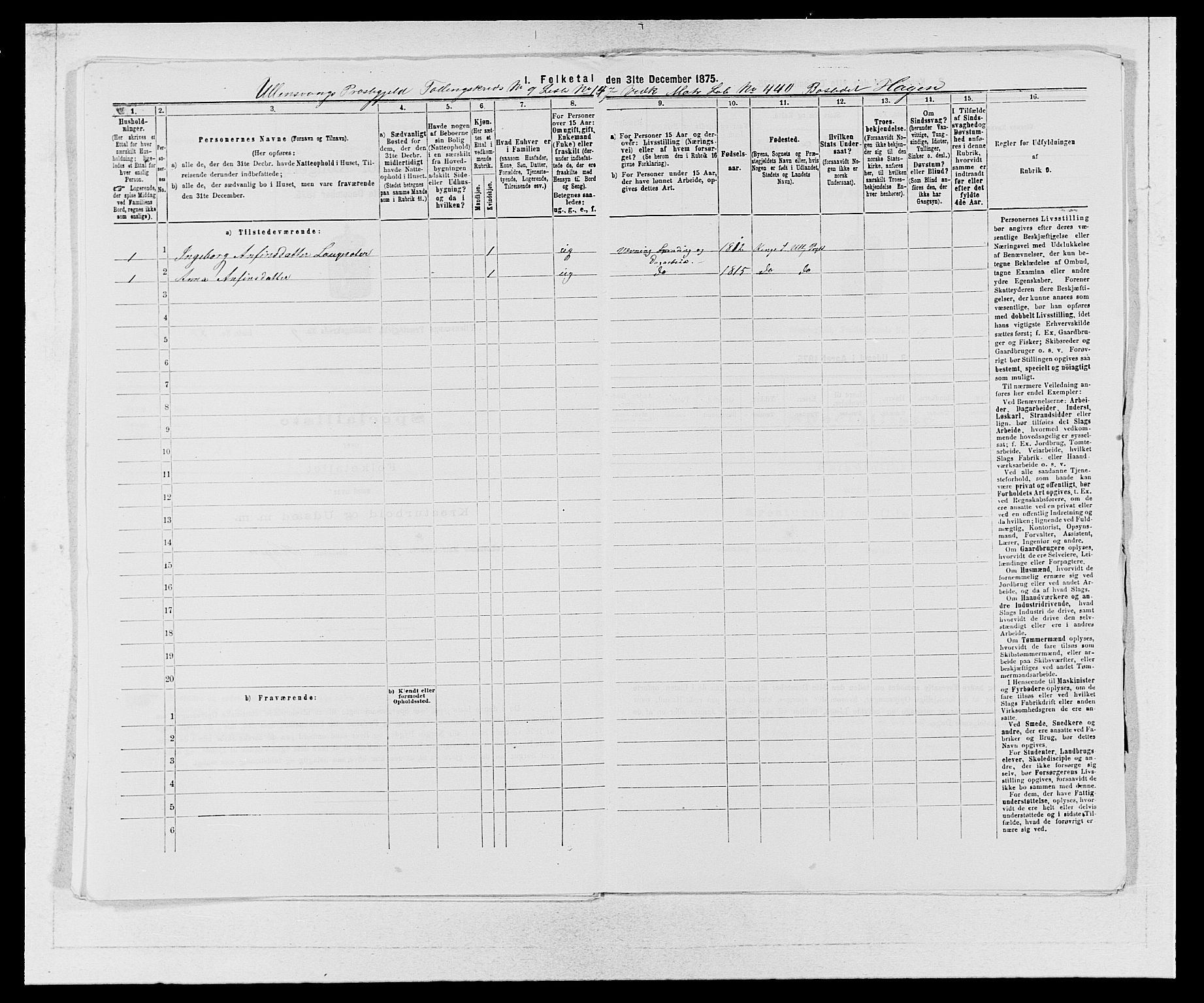 SAB, Folketelling 1875 for 1230P Ullensvang prestegjeld, 1875, s. 962